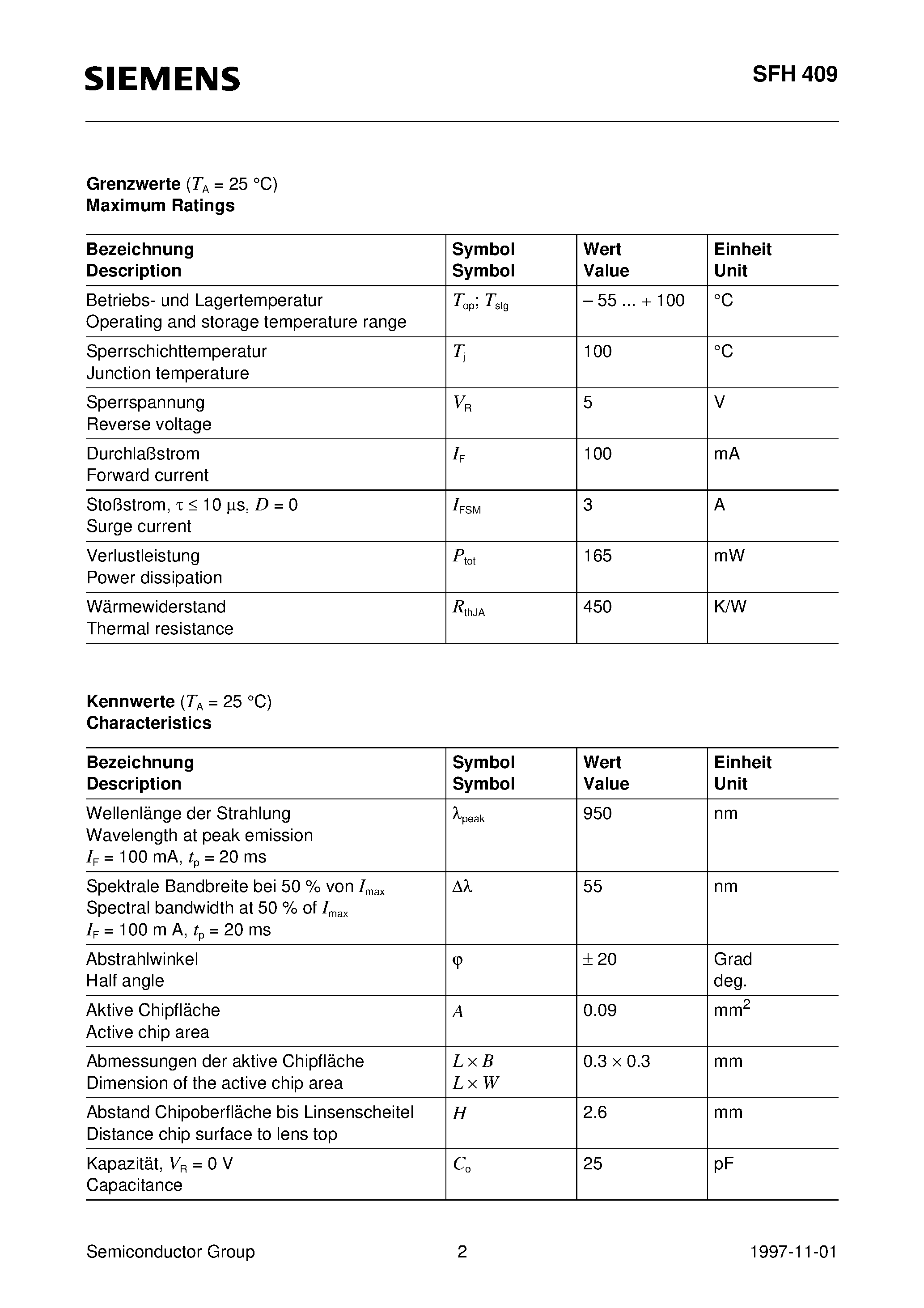 Datasheet SFH409-1 page 2 Datasheet SFH409-1 - GaAs Infrared Emitter page 2
