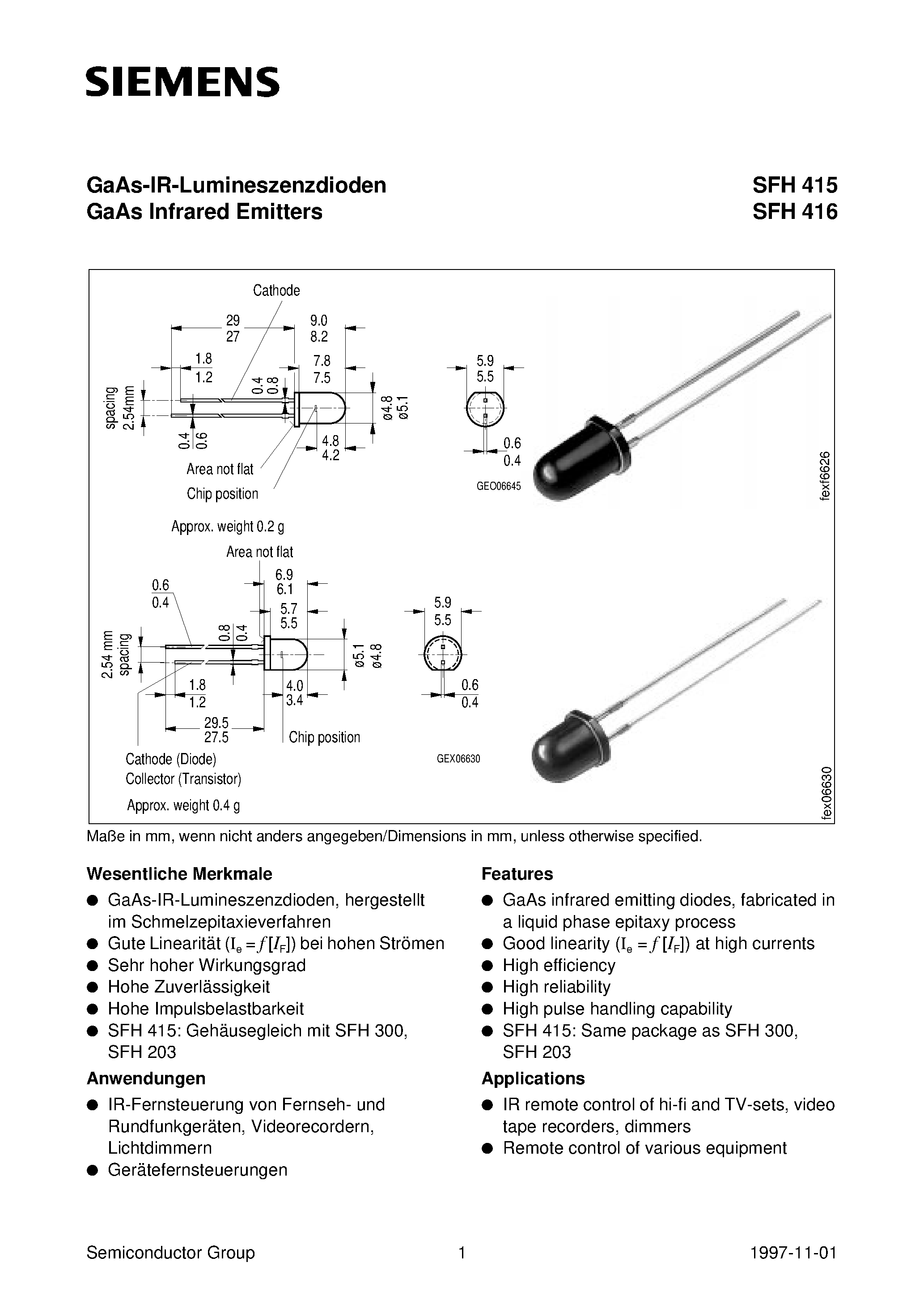 Datasheet SFH415-T - GaAs-IR-Lumineszenzdioden GaAs Infrared Emitters page 1