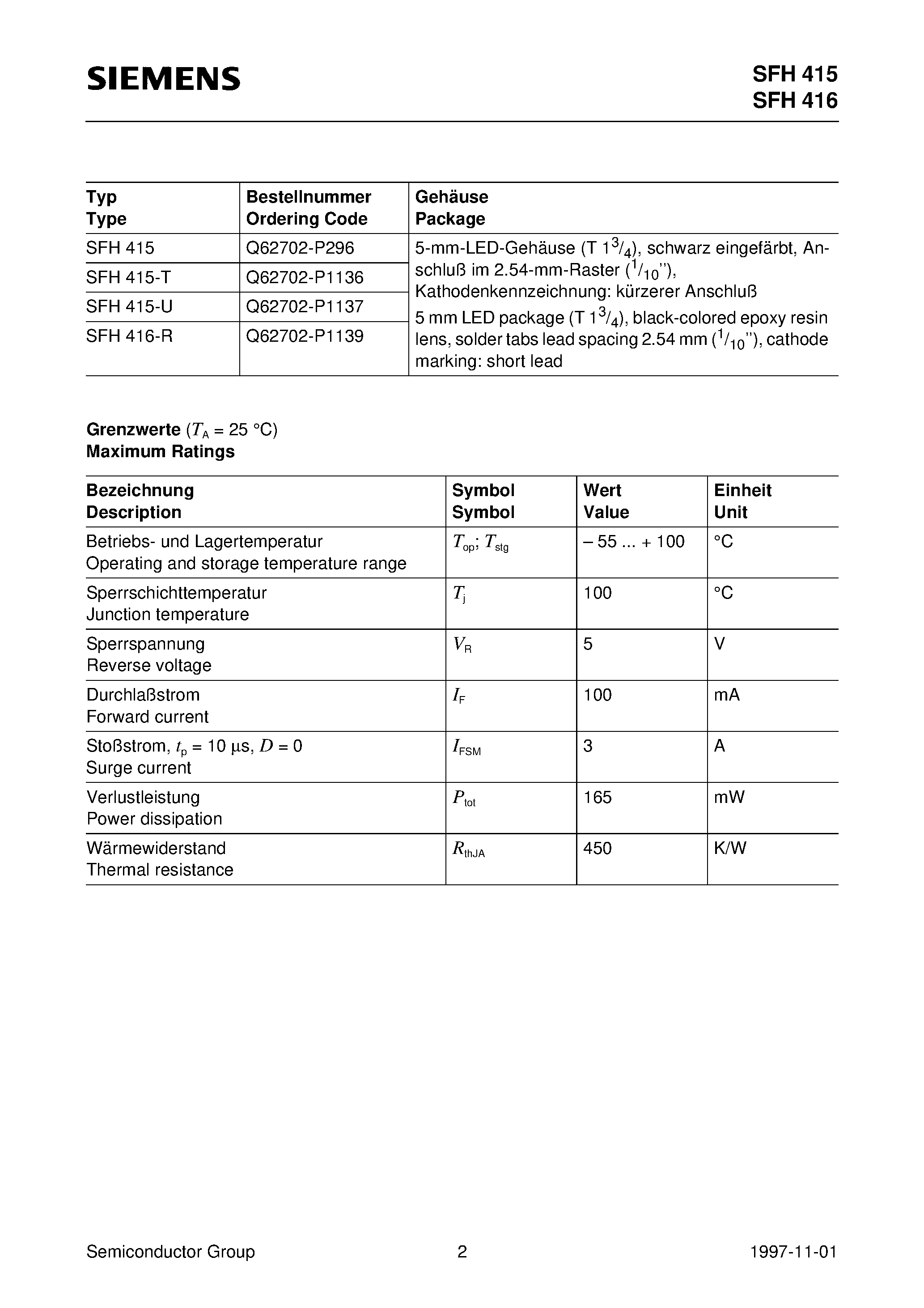 Даташит на микросхему SFH415-U страница 2 Даташит SFH415-U - GaAs-IR-Lumineszenzdioden GaAs Infrared Emitters страница 2