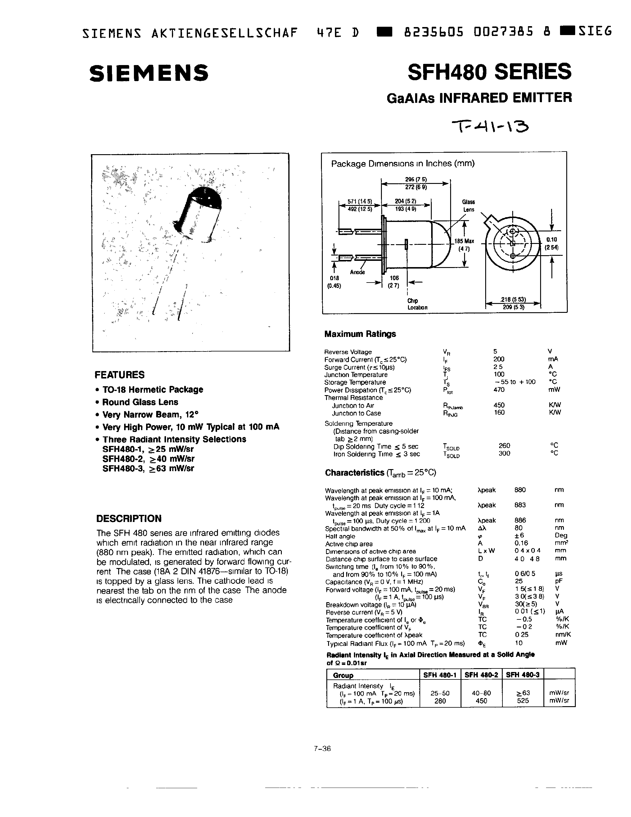 Datasheet SFH480-1 page 1 Datasheet SFH480-1 - GaAlAs INFRARED EMITTER page 1