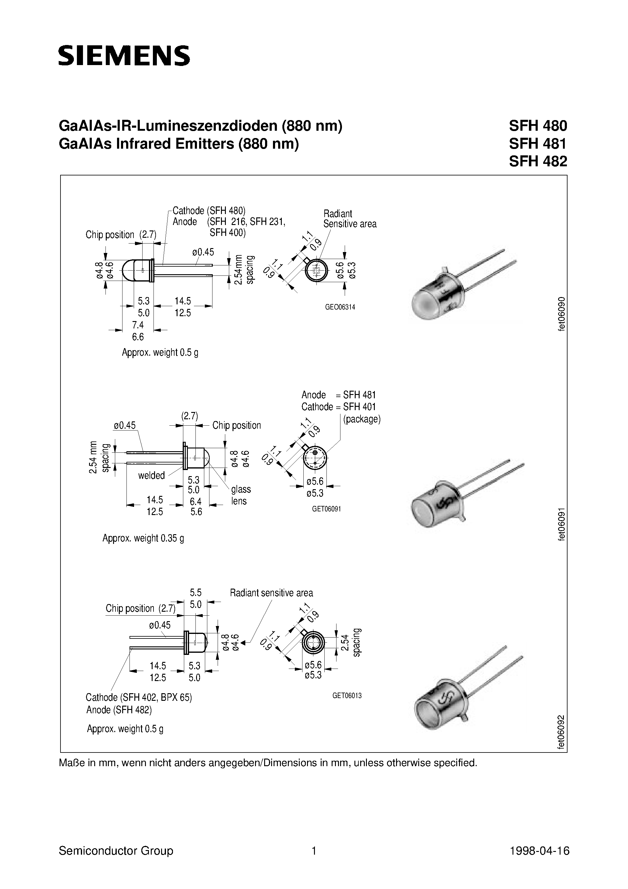 Datasheet SFH481-1 page 1 Datasheet SFH481-1 - GaAlAs-IR-Lumineszenzdioden 880 nm GaAlAs Infrared Emitters 880 nm page 1