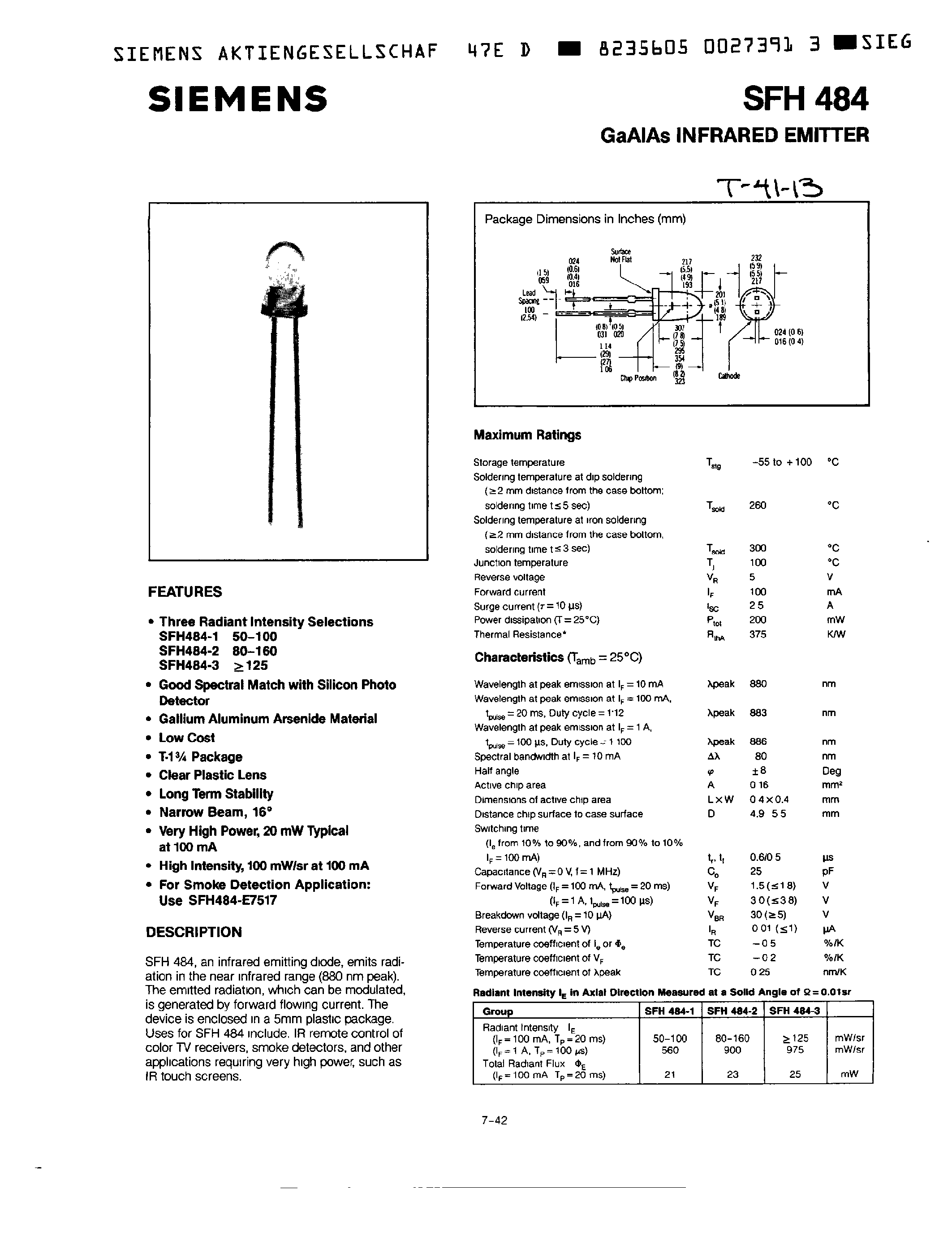 Datasheet SFH484-1 - GaAIAs-IR-Lumineszenzdioden 880 nm GaAIAs Infrared Emitters 880 nm page 1