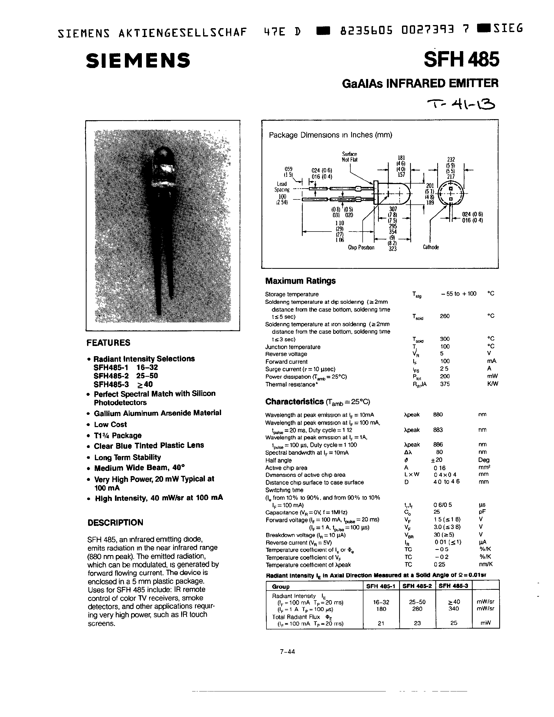 Datasheet SFH485-1 page 1 Datasheet SFH485-1 - GaAlAs INFRARED EMITTER page 1