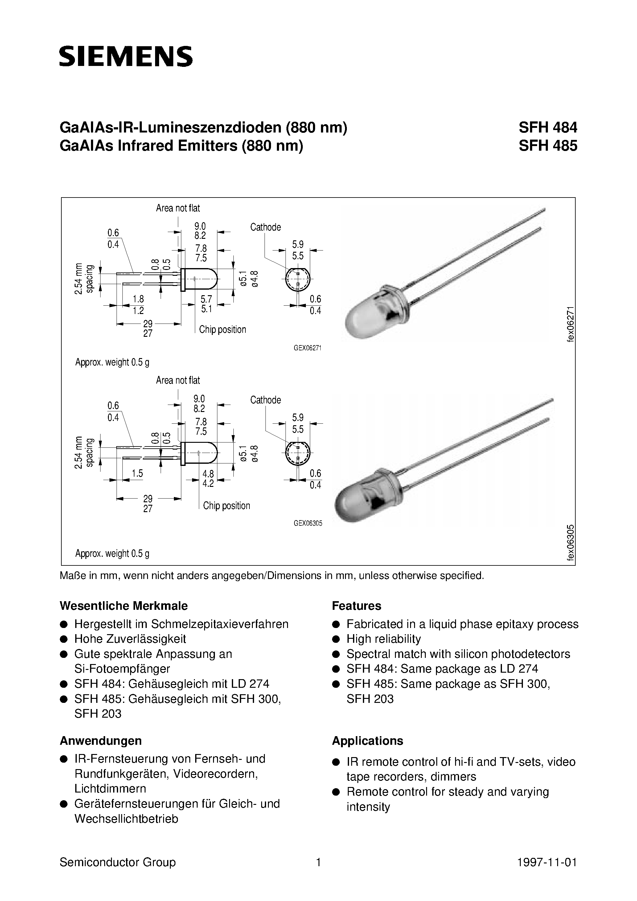 Datasheet SFH485-2 page 1 Datasheet SFH485-2 - GaAlAs INFRARED EMITTER page 1