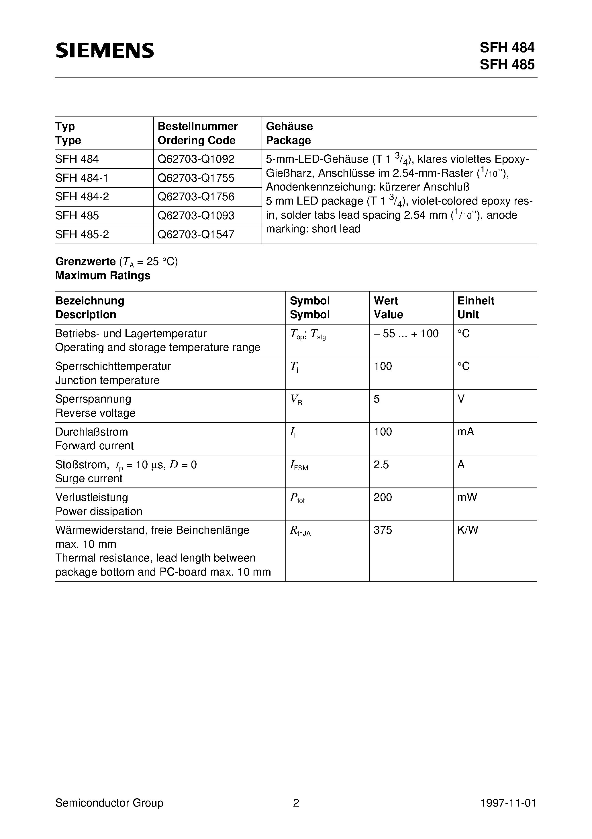 Datasheet SFH485-2 page 2 Datasheet SFH485-2 - GaAlAs INFRARED EMITTER page 2