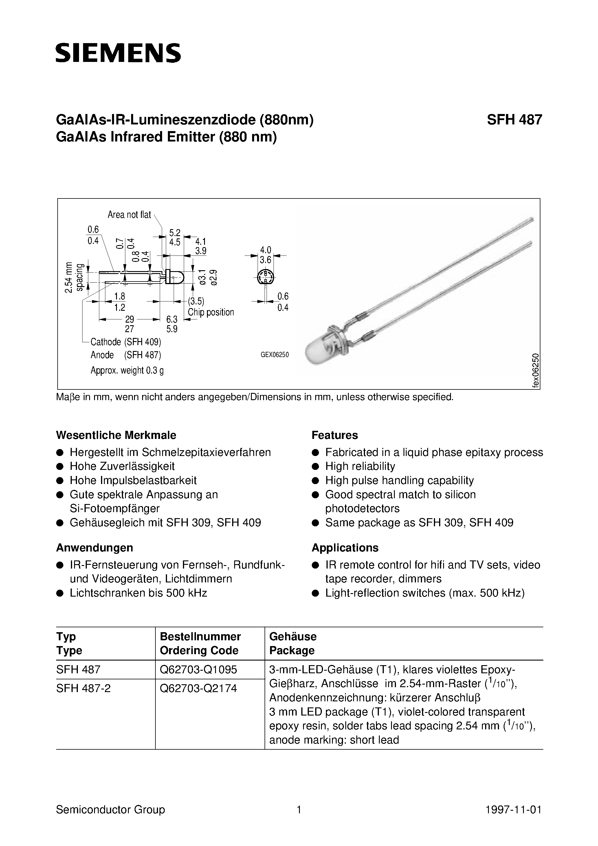 Datasheet SFH487-2 - GaAIAs-IR-Lumineszenzdiode 880nm GaAIAs Infrared Emitter 880 nm page 1
