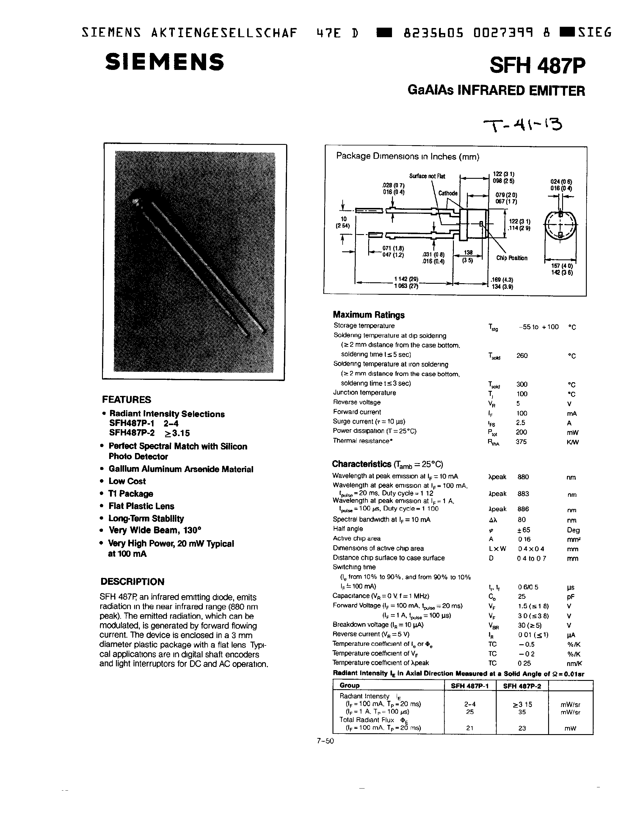 Datasheet SFH487P-2 - GaAlAs INFRARED EMITTER page 1