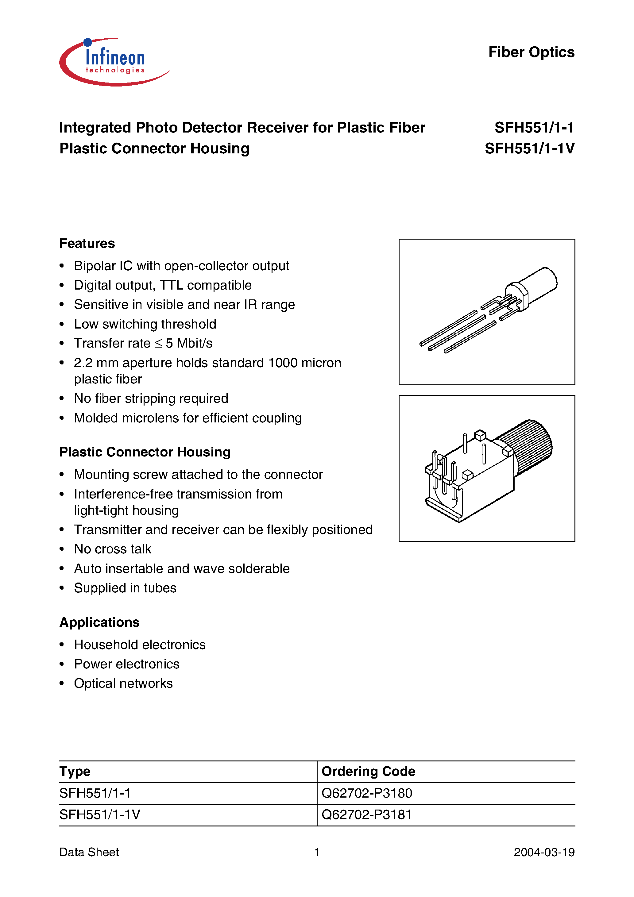Datasheet SFH551-1 page 1 Datasheet SFH551-1 - Integrated Photo Detector Receiver for Plastic Fiber Plastic Connector Housing page 1