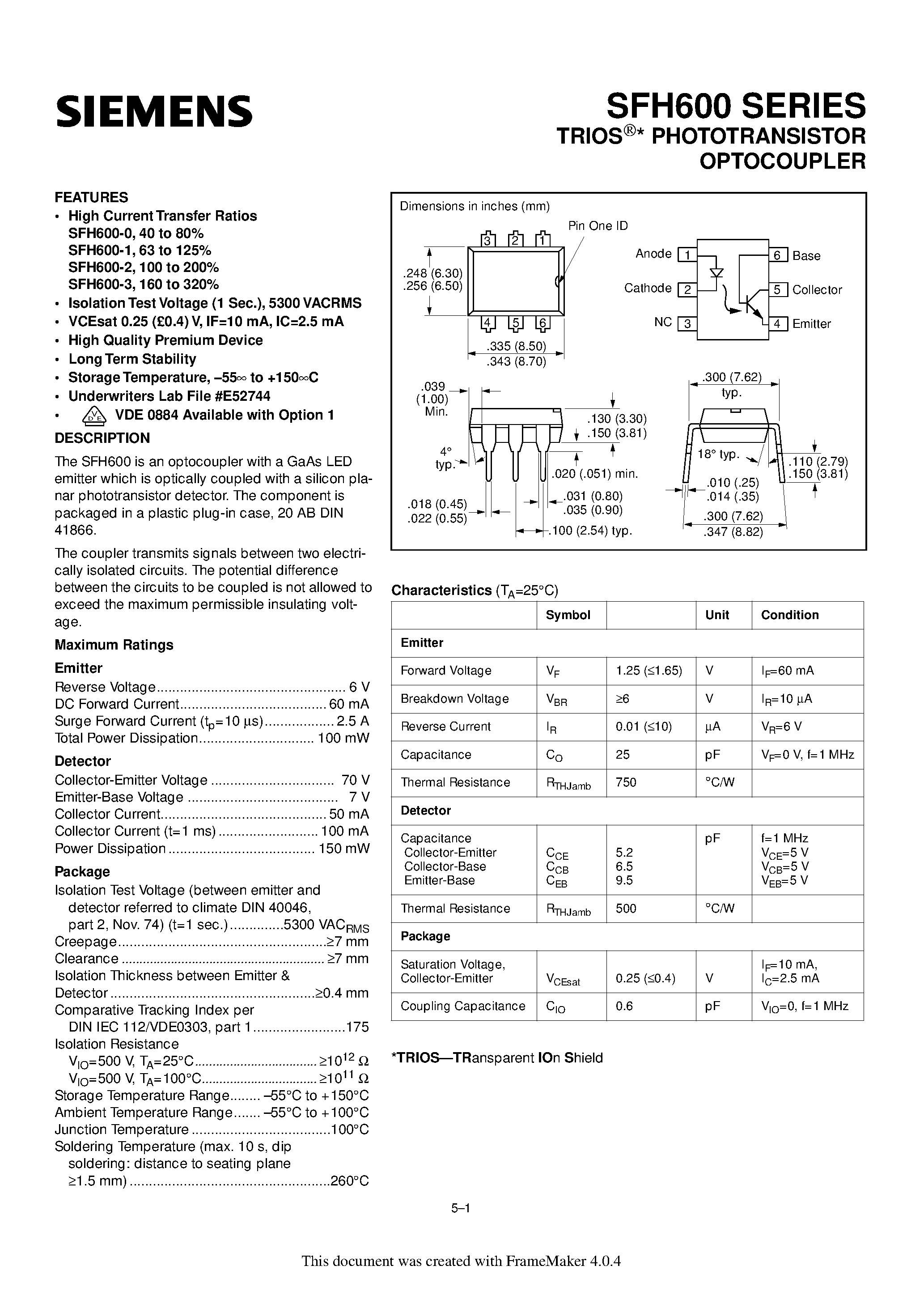 Datasheet SFH600-0 - PHOTOTRANSISTOR OPTOCOUPLER page 1