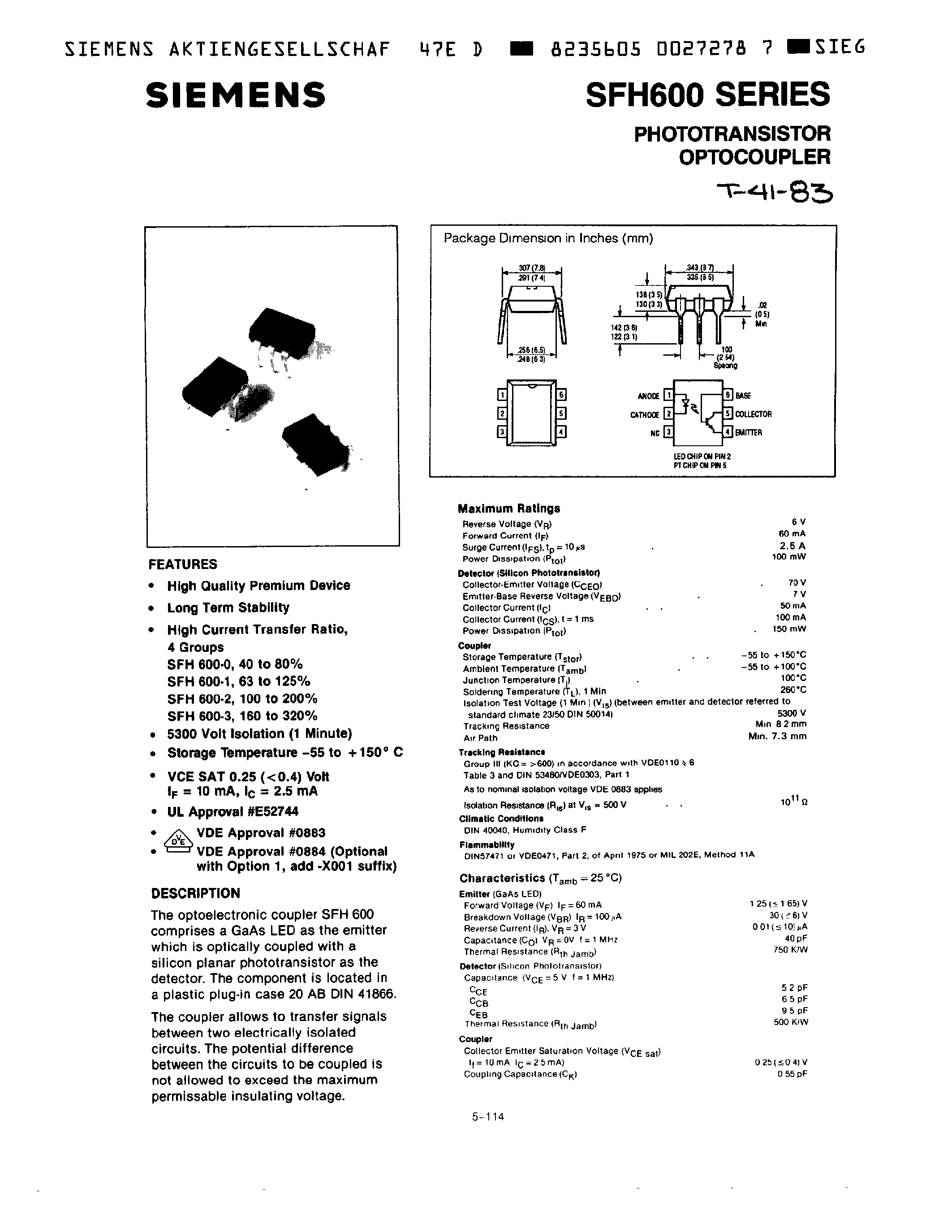 Datasheet SFH600-3 - TRIOS PHOTOTRANSISTOR OPTOCOUPLER page 1