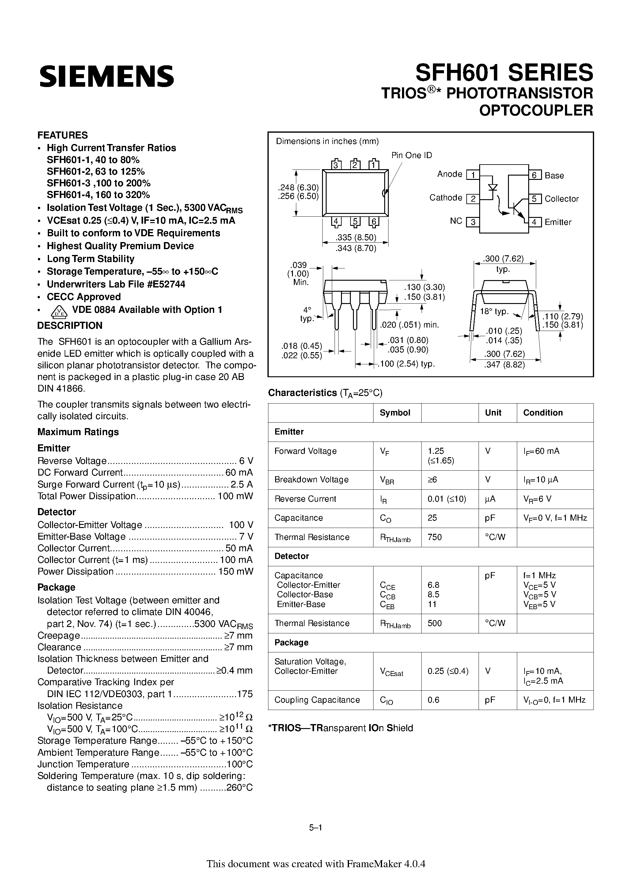 Datasheet SFH601-1 page 1 Datasheet SFH601-1 - PHOTOTRANSISTOR OPTOCOUPLER page 1