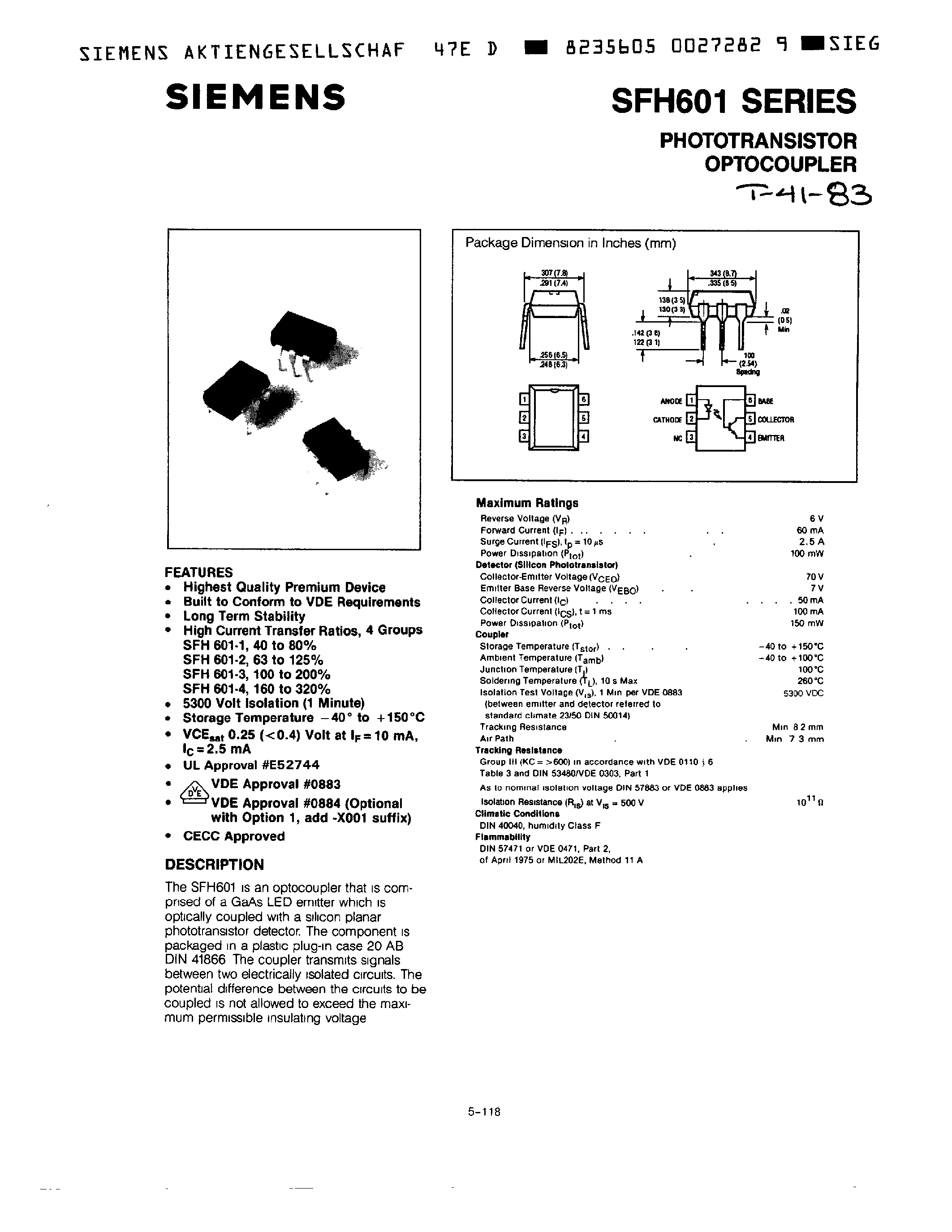Datasheet SFH601-4 - TRIOS PHOTOTRANSISTOR OPTOCOUPLER page 1