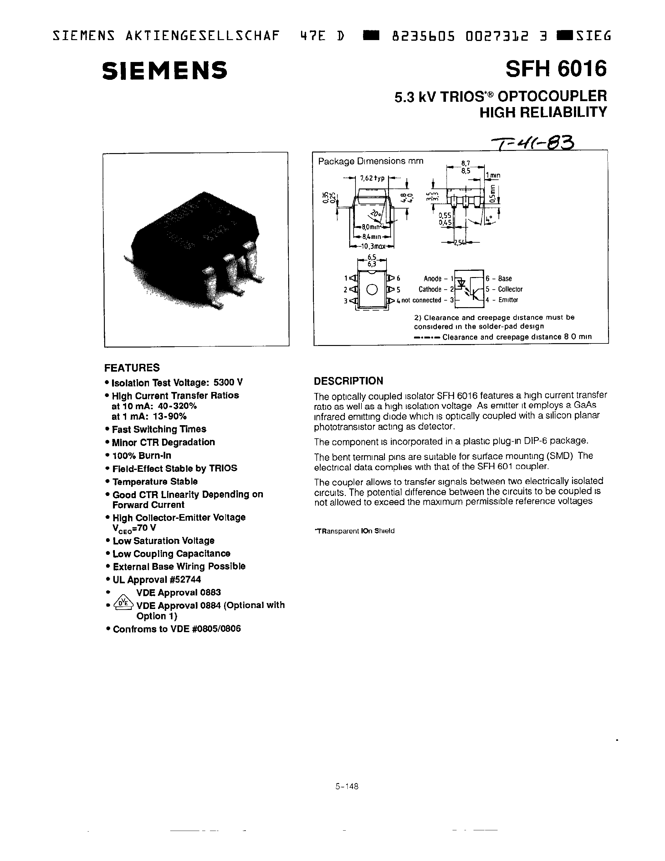 Datasheet SFH6016 - 5.3 KV TRIOS OPTOCOUPLER HIGH RELIABILITY page 1