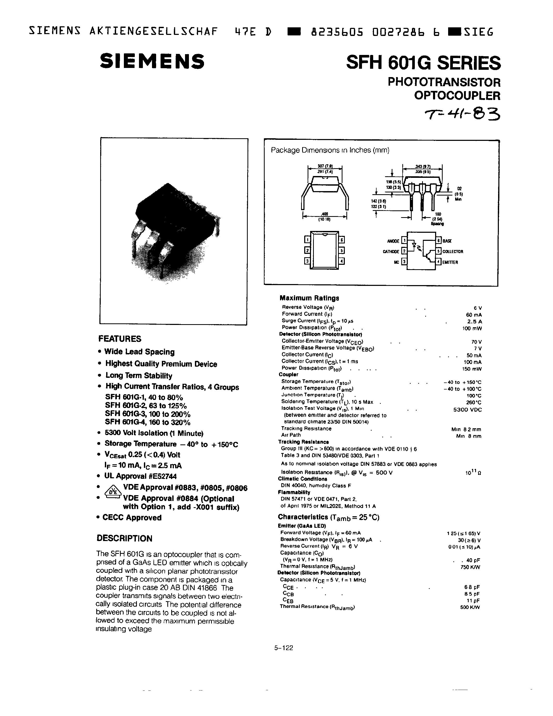 Datasheet SFH601G-4 - PHOTOTRANSISTOR OPTOCOUPLER page 1