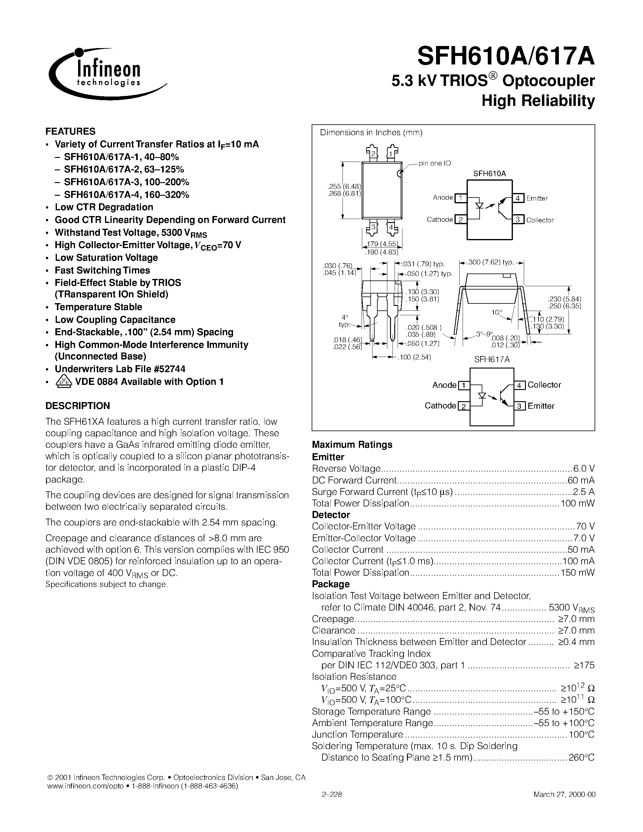Datasheet SFH610A page 1 Datasheet SFH610A - 5.3 kV TRIOS Optocoupler High Reliability page 1