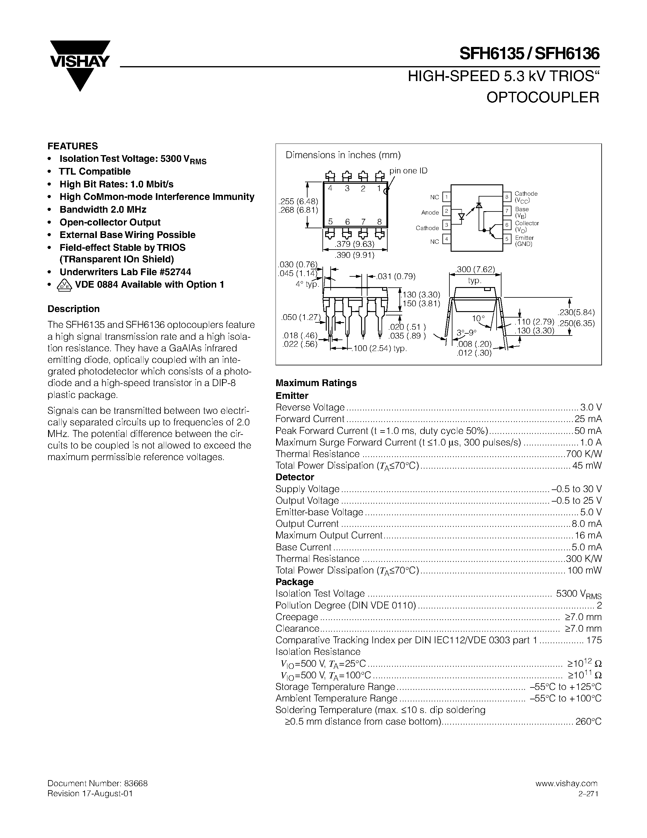 Datasheet SFH6135 page 1 Datasheet SFH6135 - High Speed Optocoupler / 1 MBd / Transistor Output page 1