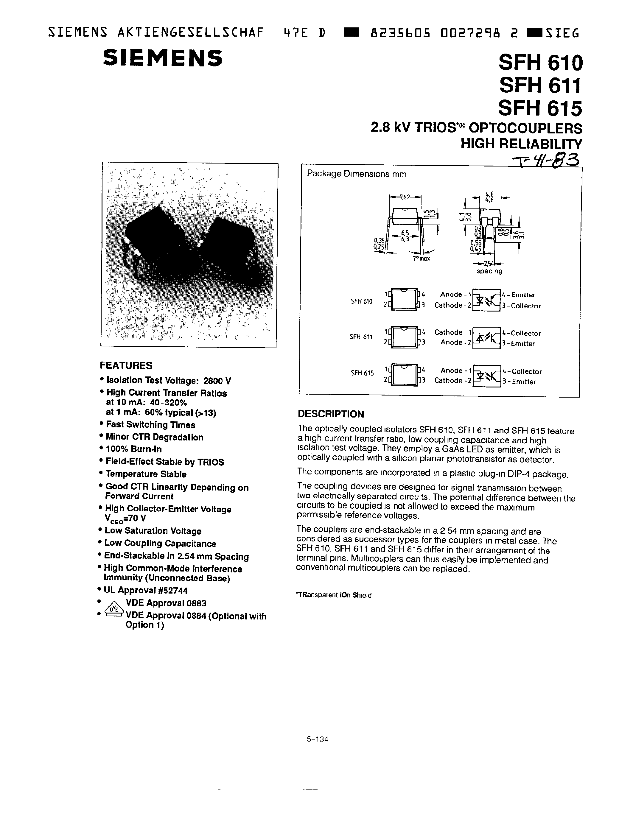Datasheet SFH615 page 1 Datasheet SFH615 - 2.8KV TRIOS OPTOCOUPLERS HIGH RELIABILITY page 1