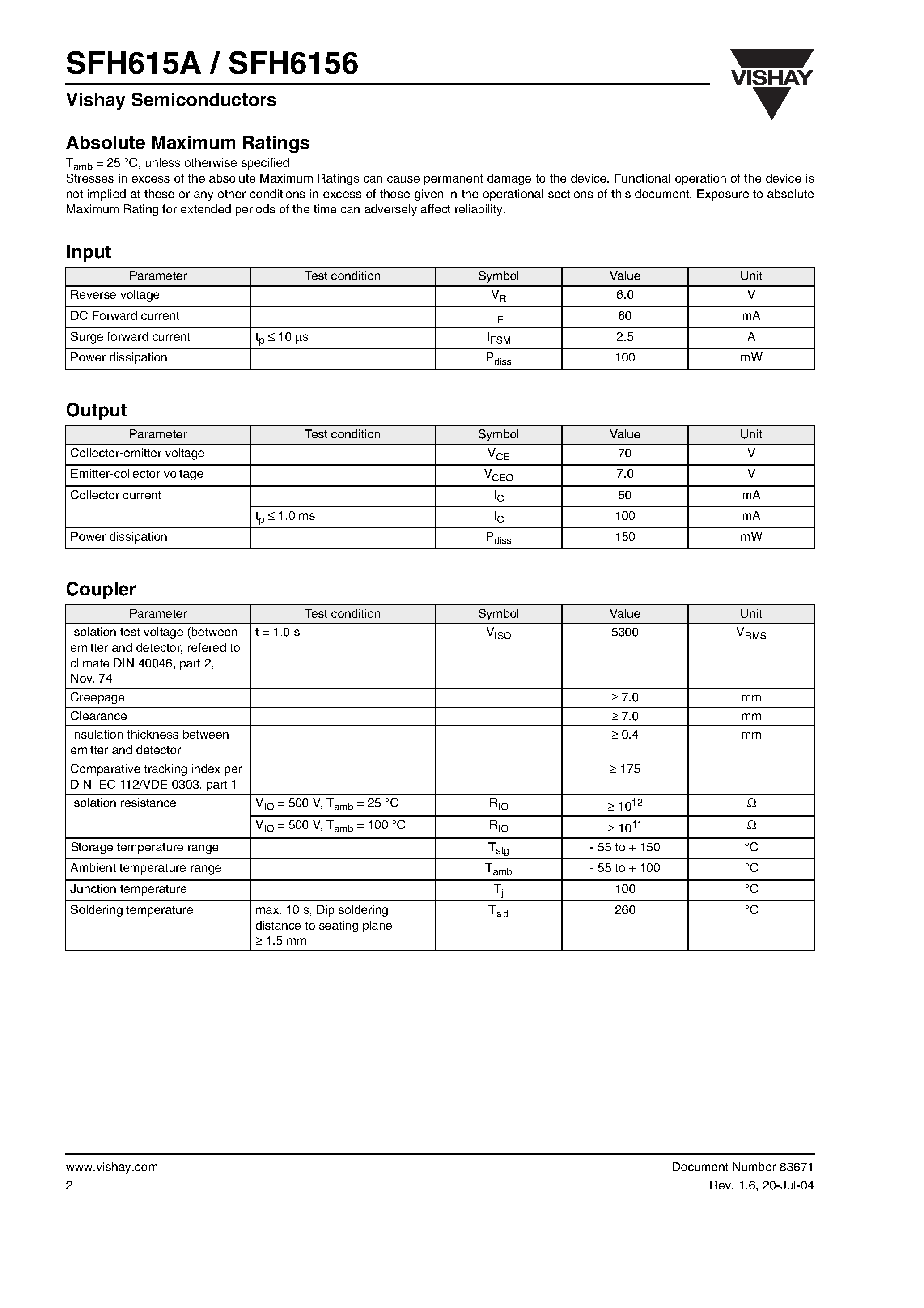 Datasheet SFH6156-1 - Optocoupler / High Reliability / 5300 VRMS page 2
