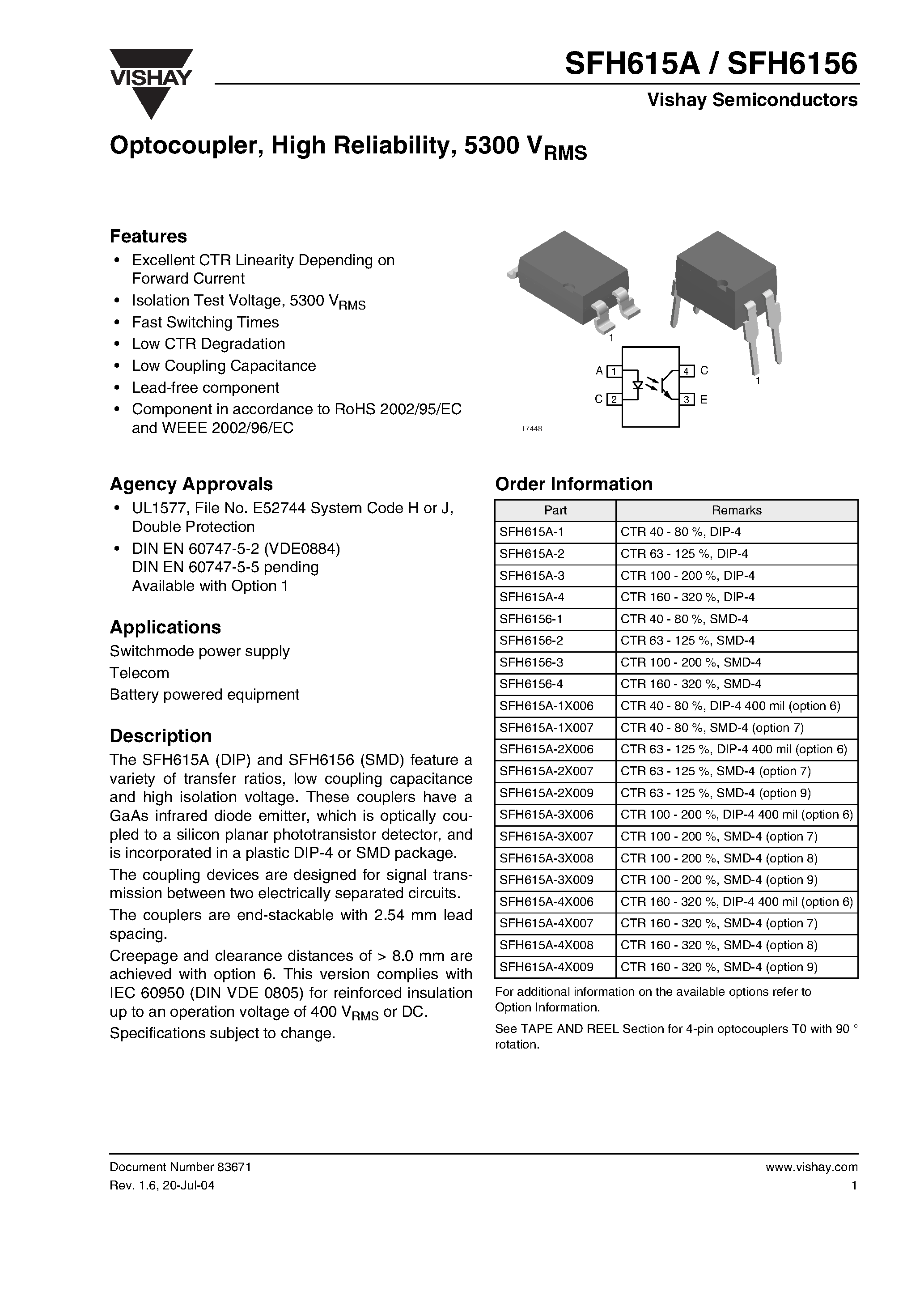 Datasheet SFH6156-2 - Optocoupler / High Reliability / 5300 VRMS page 1