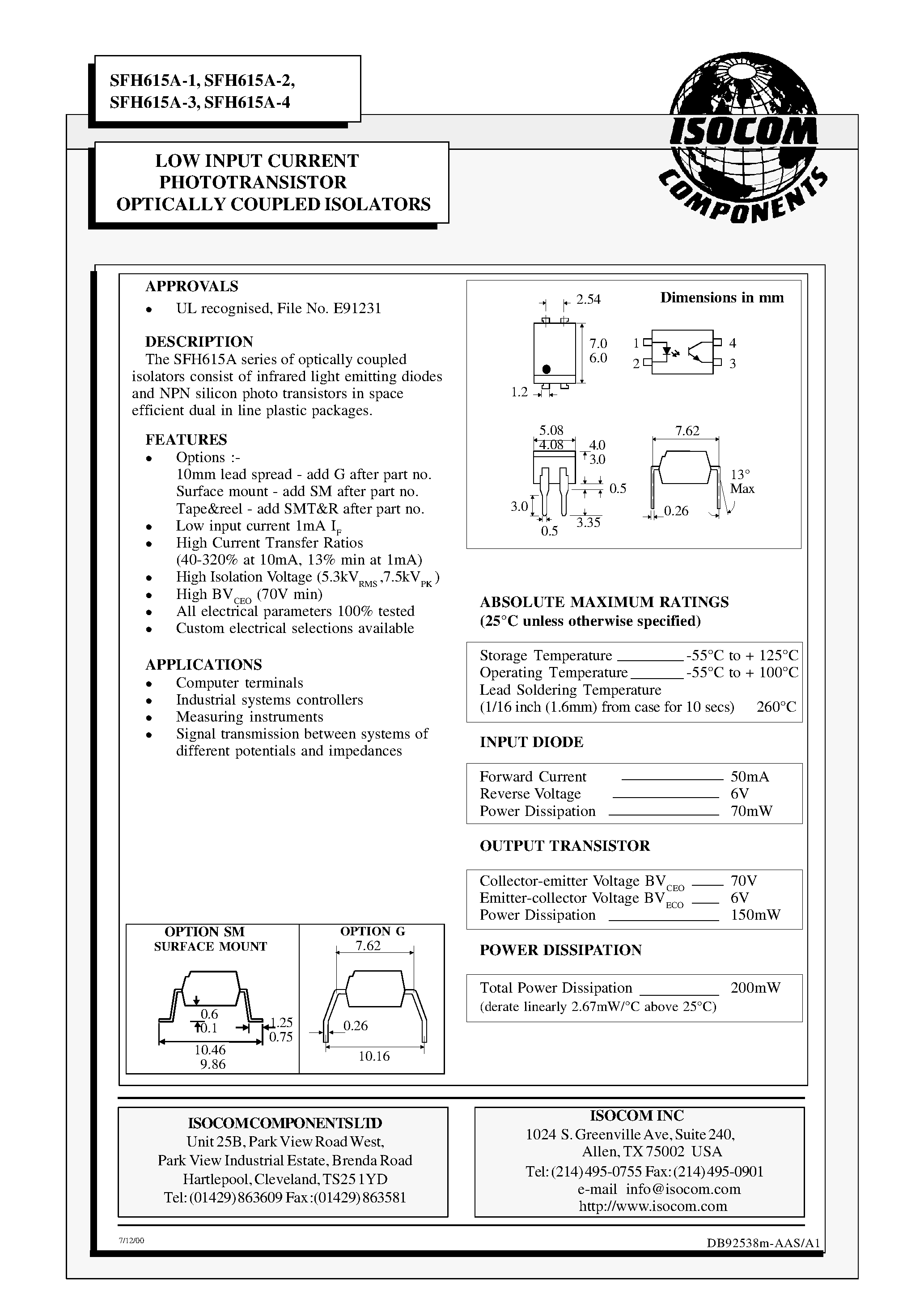 Datasheet SFH615A-2 - LOW INPUT CURRENT PHOTOTRANSISTOR OPTICALLY COUPLED ISOLATORS page 1
