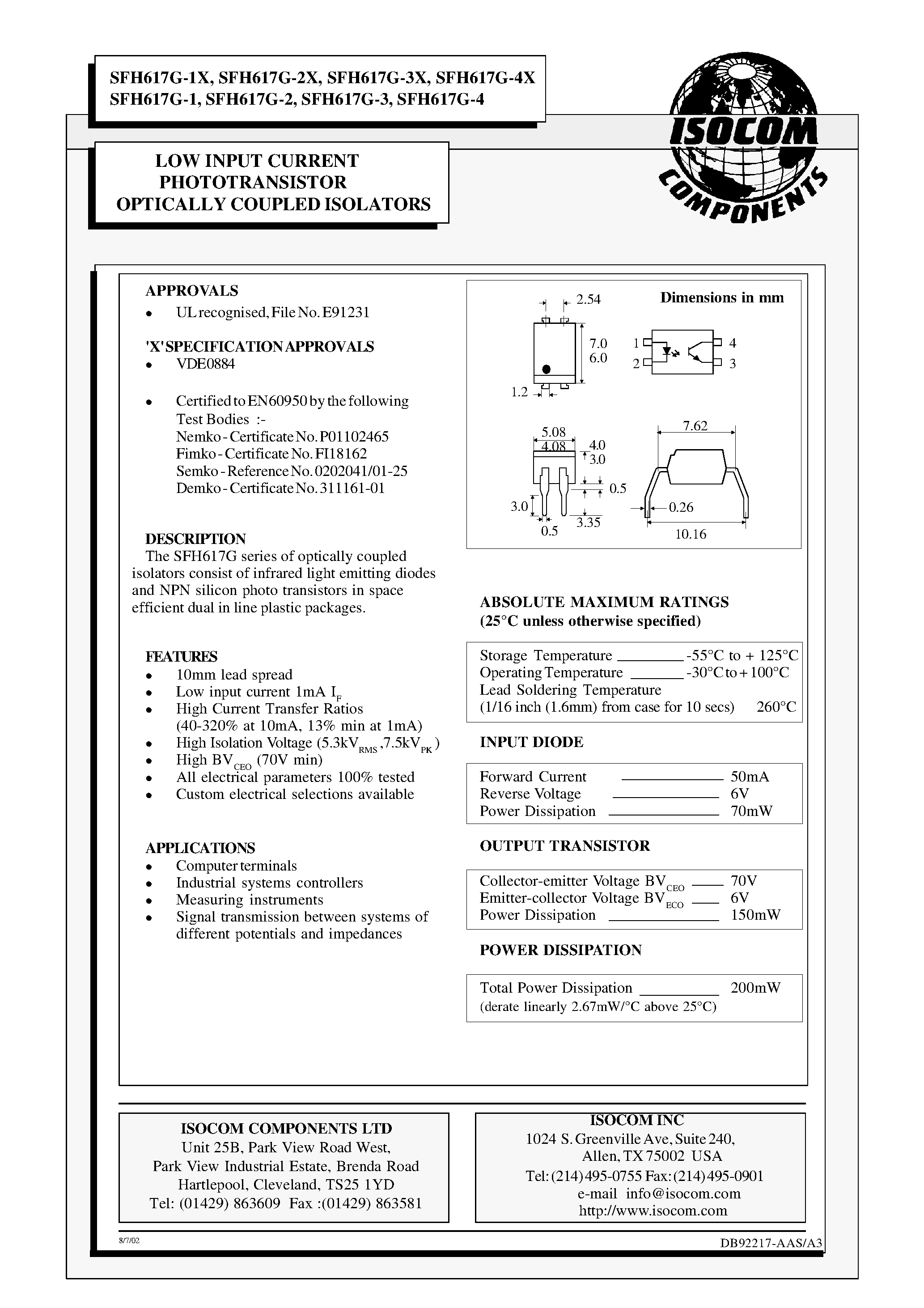 Datasheet SFH617G-1 page 1 Datasheet SFH617G-1 - LOW INPUT CURRENT PHOTOTRANSISTOR OPTICALLY COUPLED ISOLATORS page 1