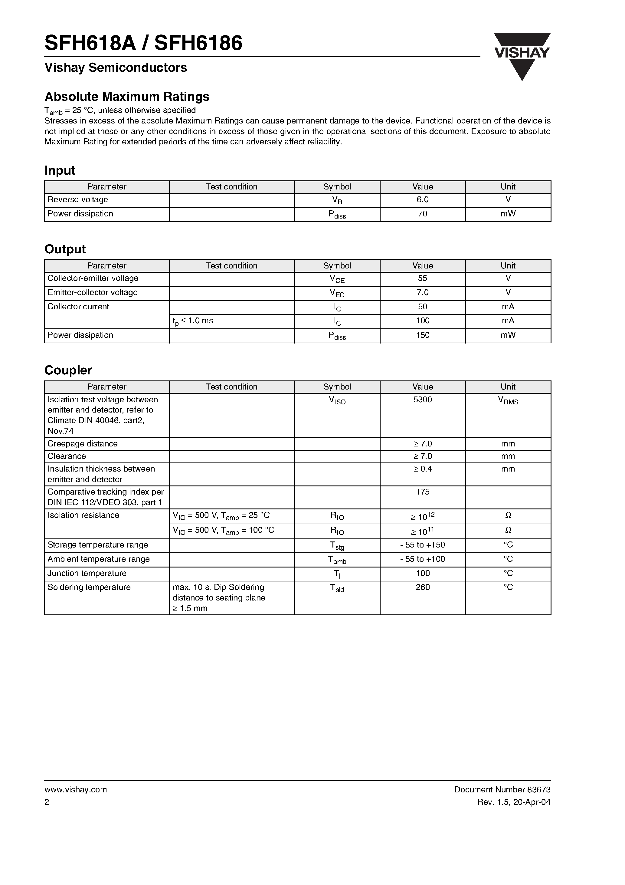 Datasheet SFH6186-3 - Optocoupler / Phototransistor Output / Low Input Current page 2