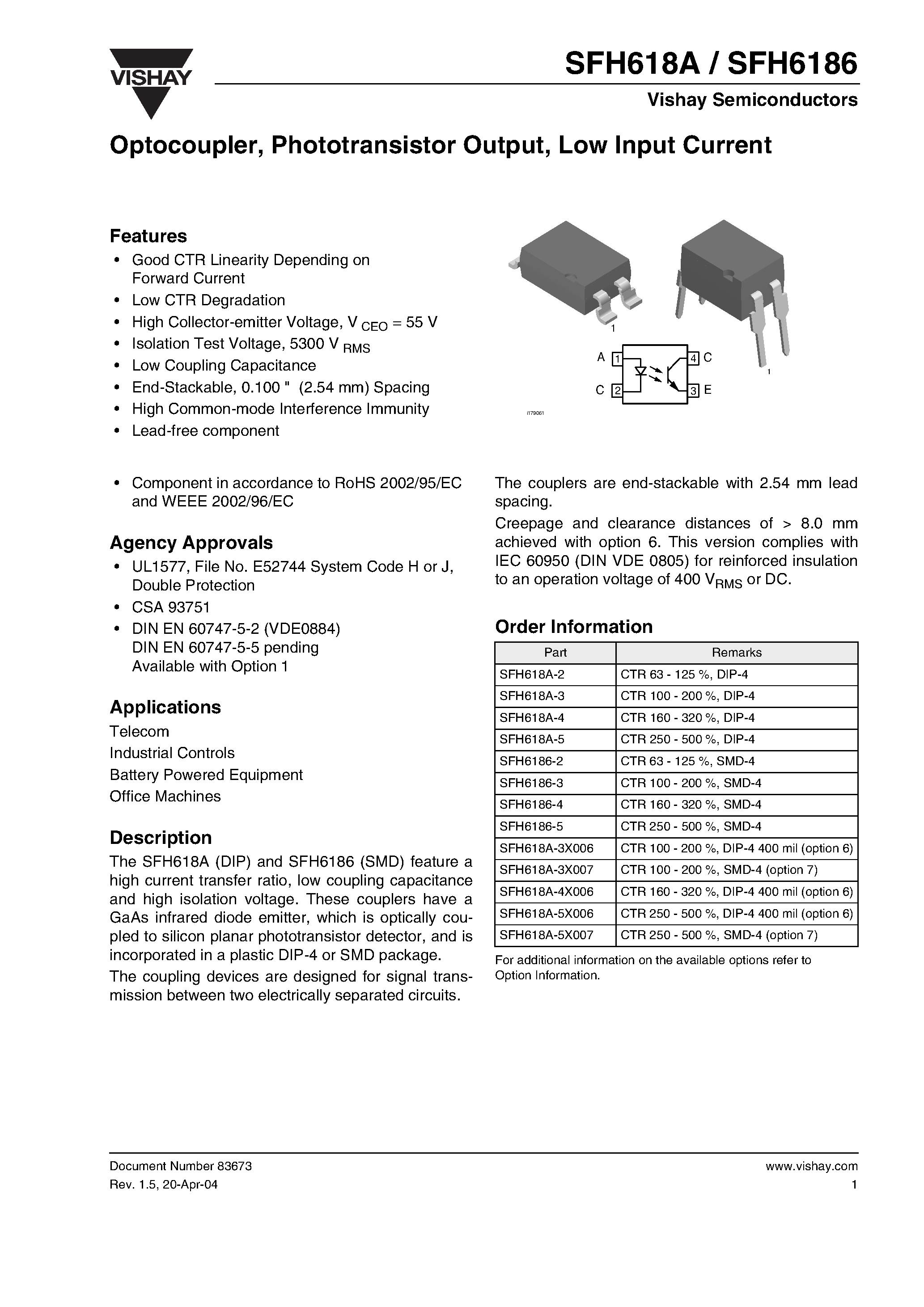 Datasheet SFH6186-4 - Optocoupler / Phototransistor Output / Low Input Current page 1