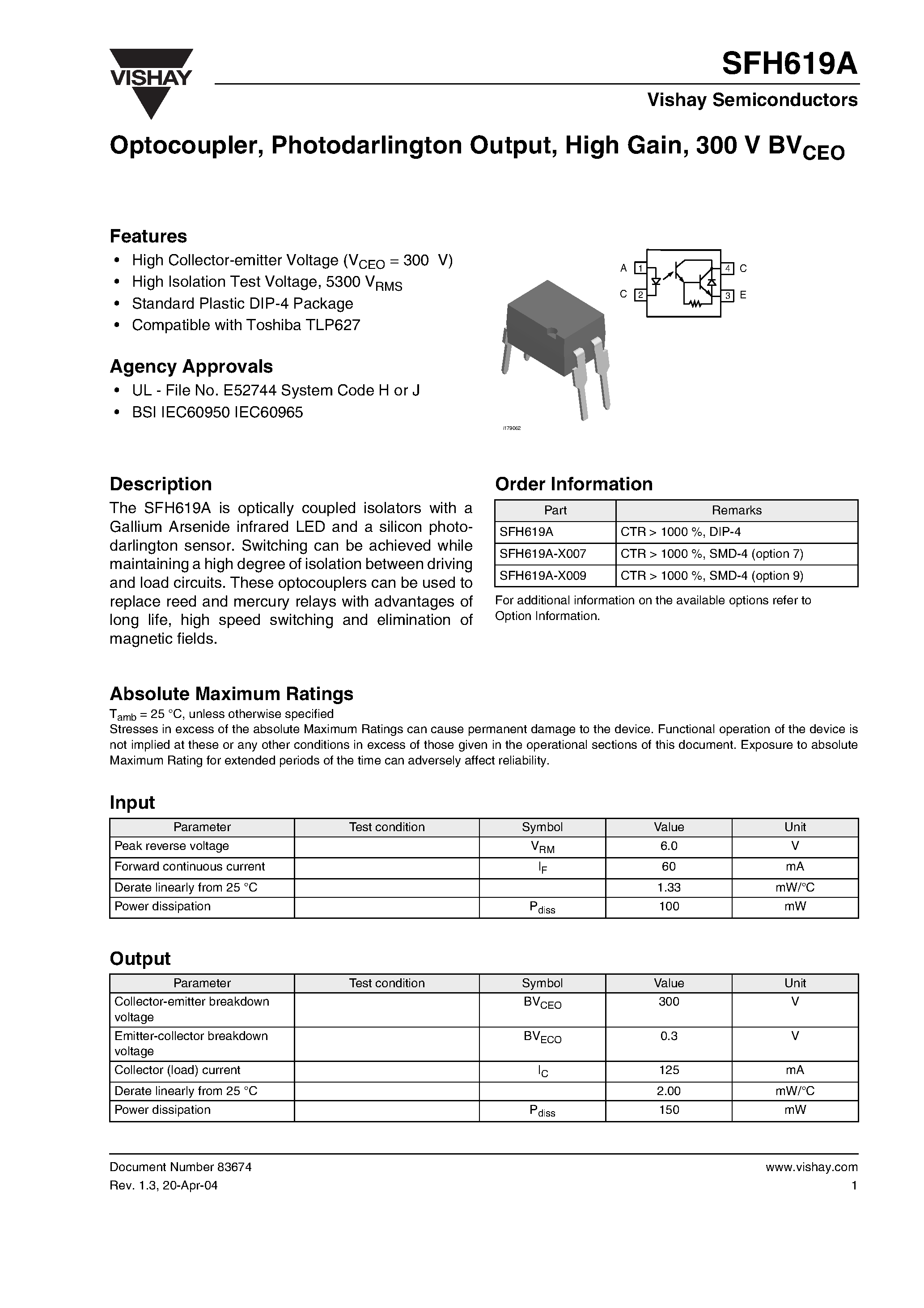 Даташит SFH619A-X009 - Optocoupler / Photodarlington Output / High Gain / 300 V BV страница 1