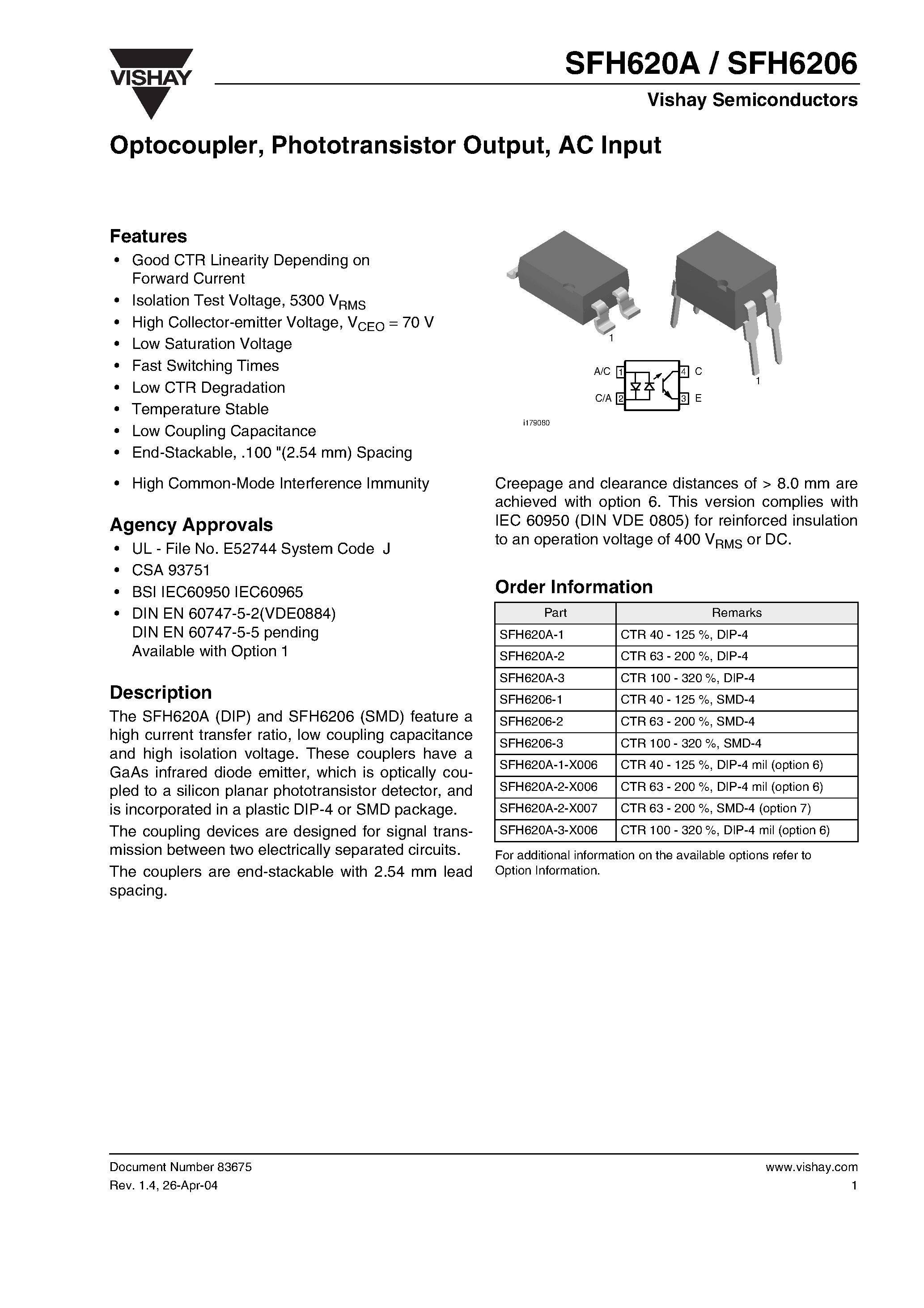 Datasheet SFH6206-1 - Optocoupler / Phototransistor Output / AC Input page 1