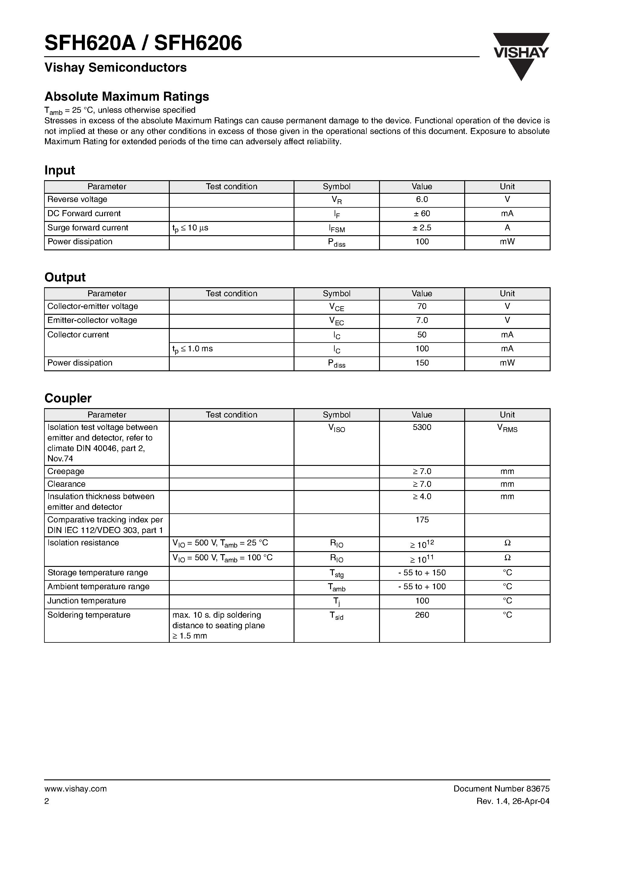 Datasheet SFH6206-1 - Optocoupler / Phototransistor Output / AC Input page 2