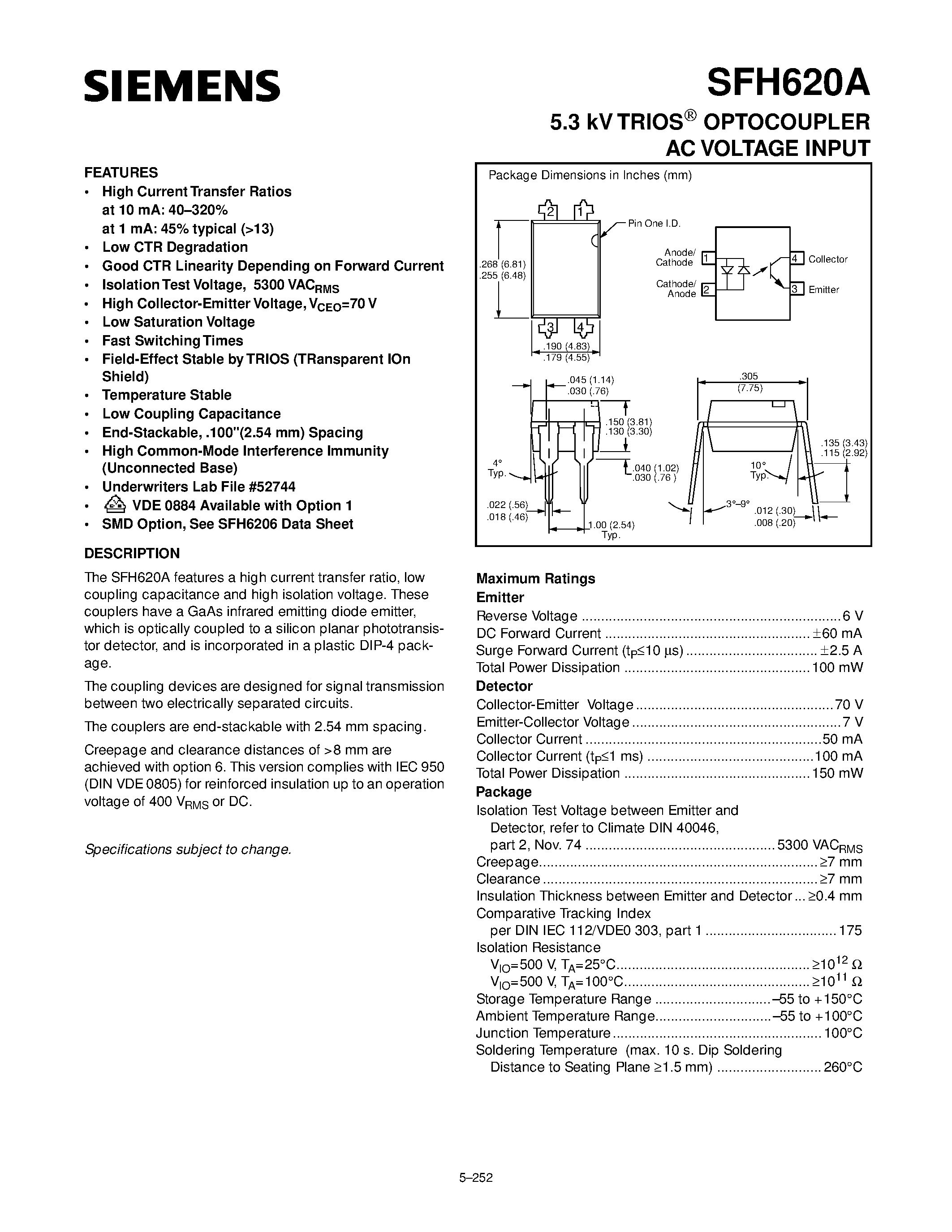 Datasheet SFH620A - 5.3 kV TRIOS OPTOCOUPLER AC VOLTAGE INPUT page 1