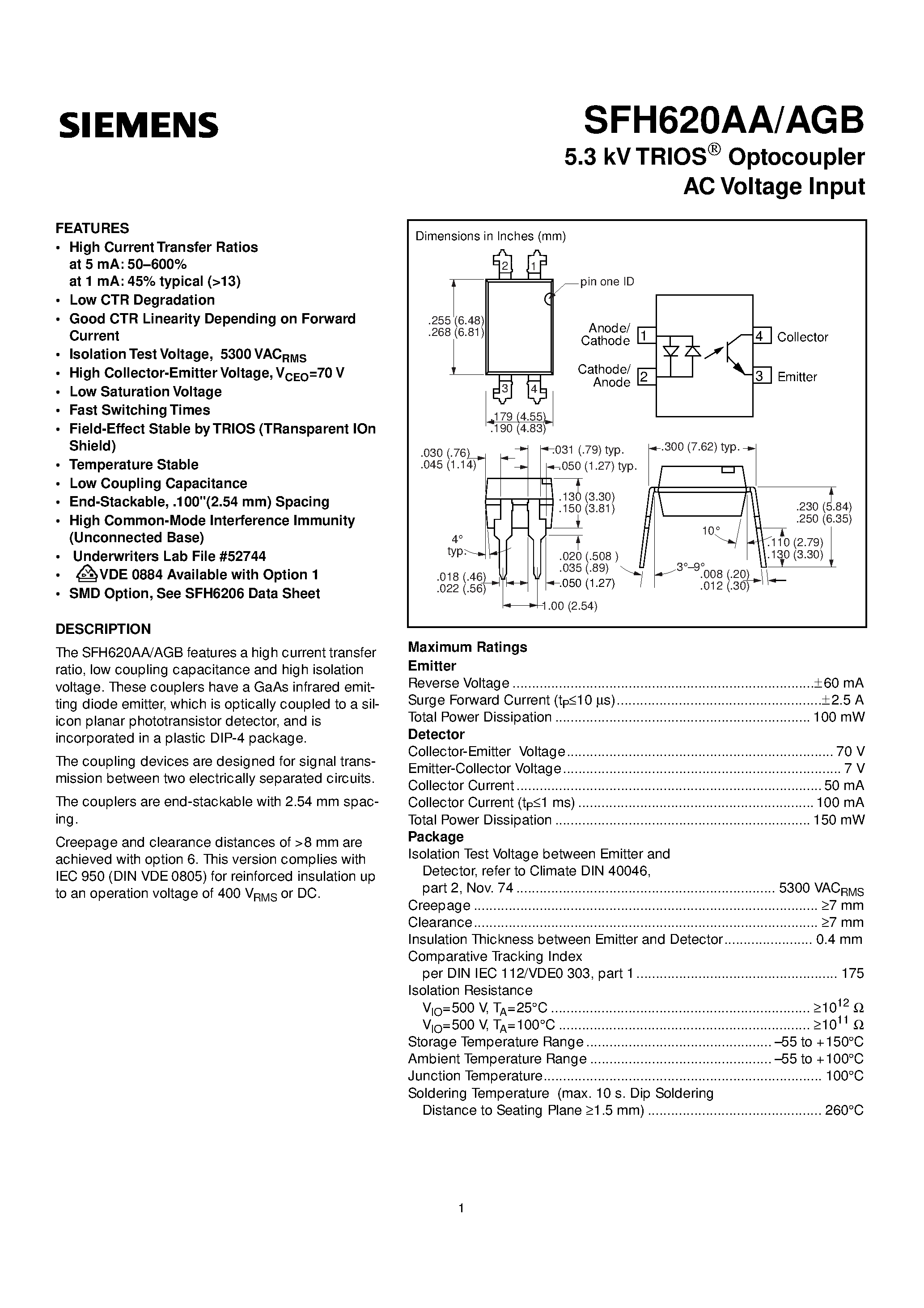 Datasheet SFH620AA - 5.3 kV TRIOS Optocoupler AC Voltage Input page 1