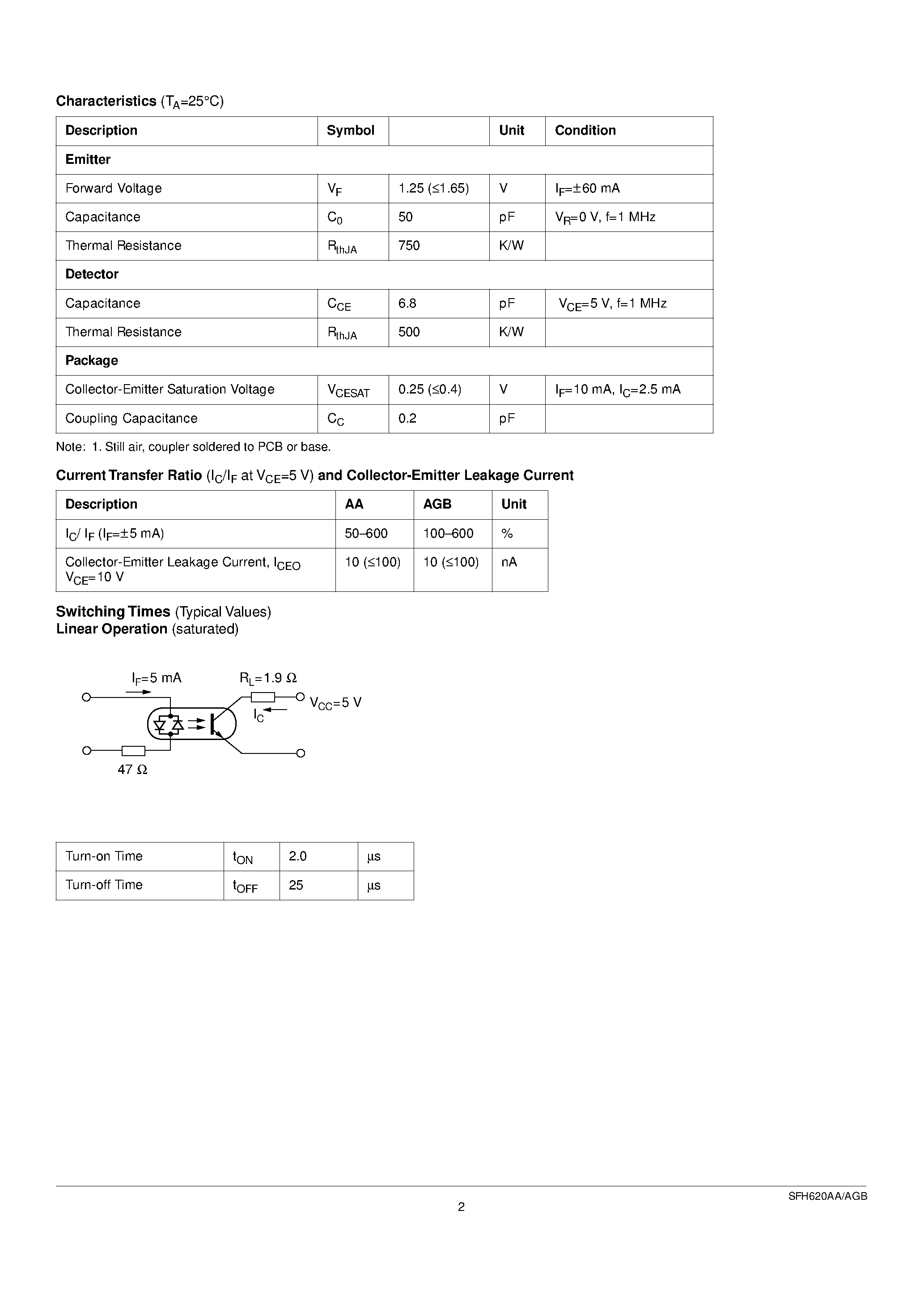 Datasheet SFH620AGB - 5.3 kV TRIOS Optocoupler AC Voltage Input page 2