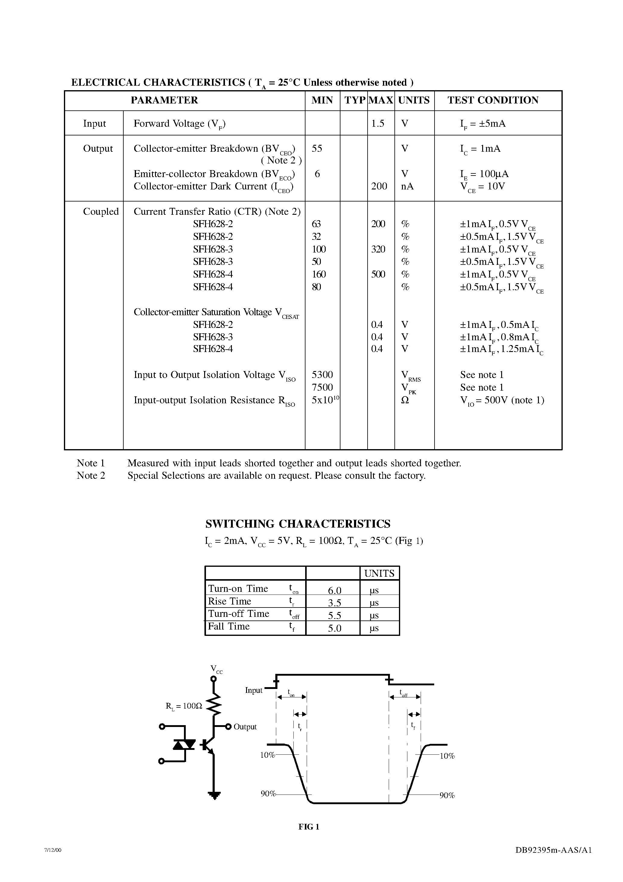 Datasheet SFH628-3 - LOW INPUT CURRENT PHOTOTRANSISTOR OPTICALLY COUPLED ISOLATORS page 2