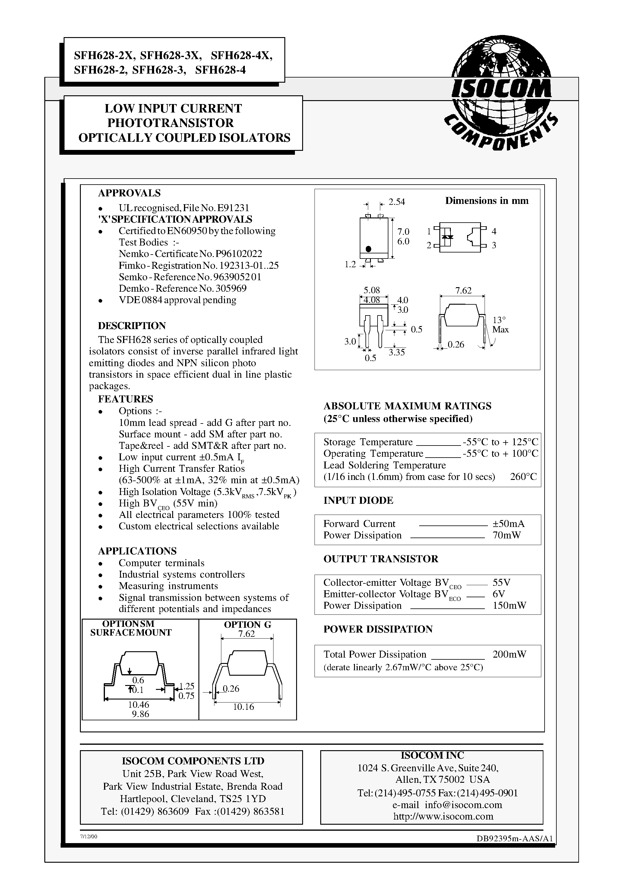 Datasheet SFH628-4 - LOW INPUT CURRENT PHOTOTRANSISTOR OPTICALLY COUPLED ISOLATORS page 1