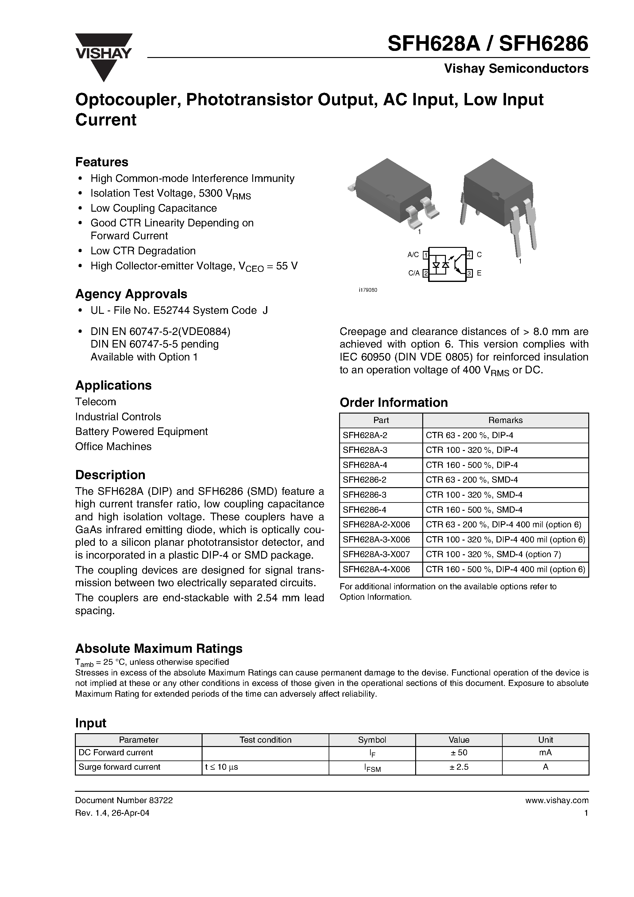 Datasheet SFH6286-3 - Optocoupler / Phototransistor Output / AC Input / Low Input Current page 1