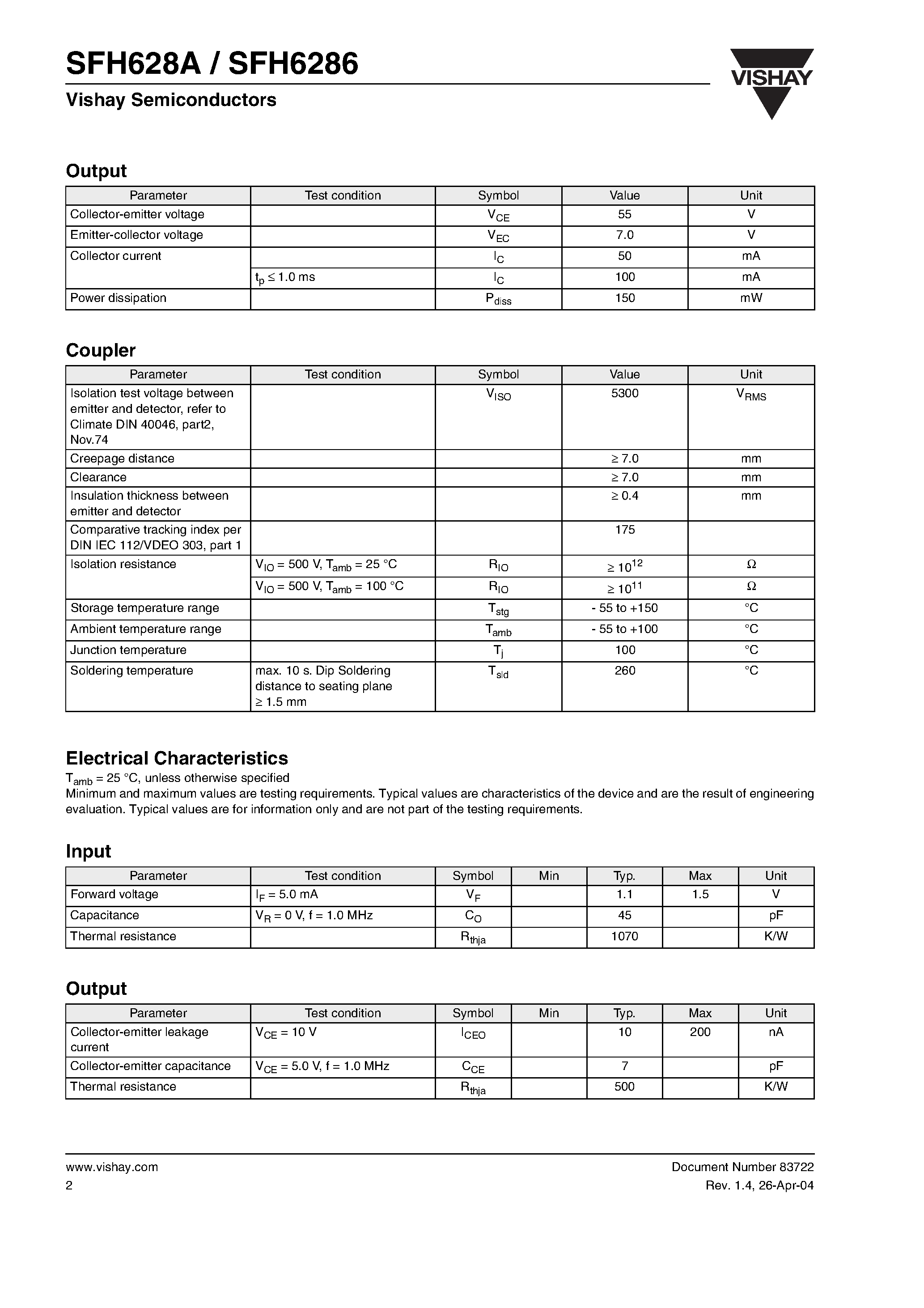 Datasheet SFH6286-3 - Optocoupler / Phototransistor Output / AC Input / Low Input Current page 2