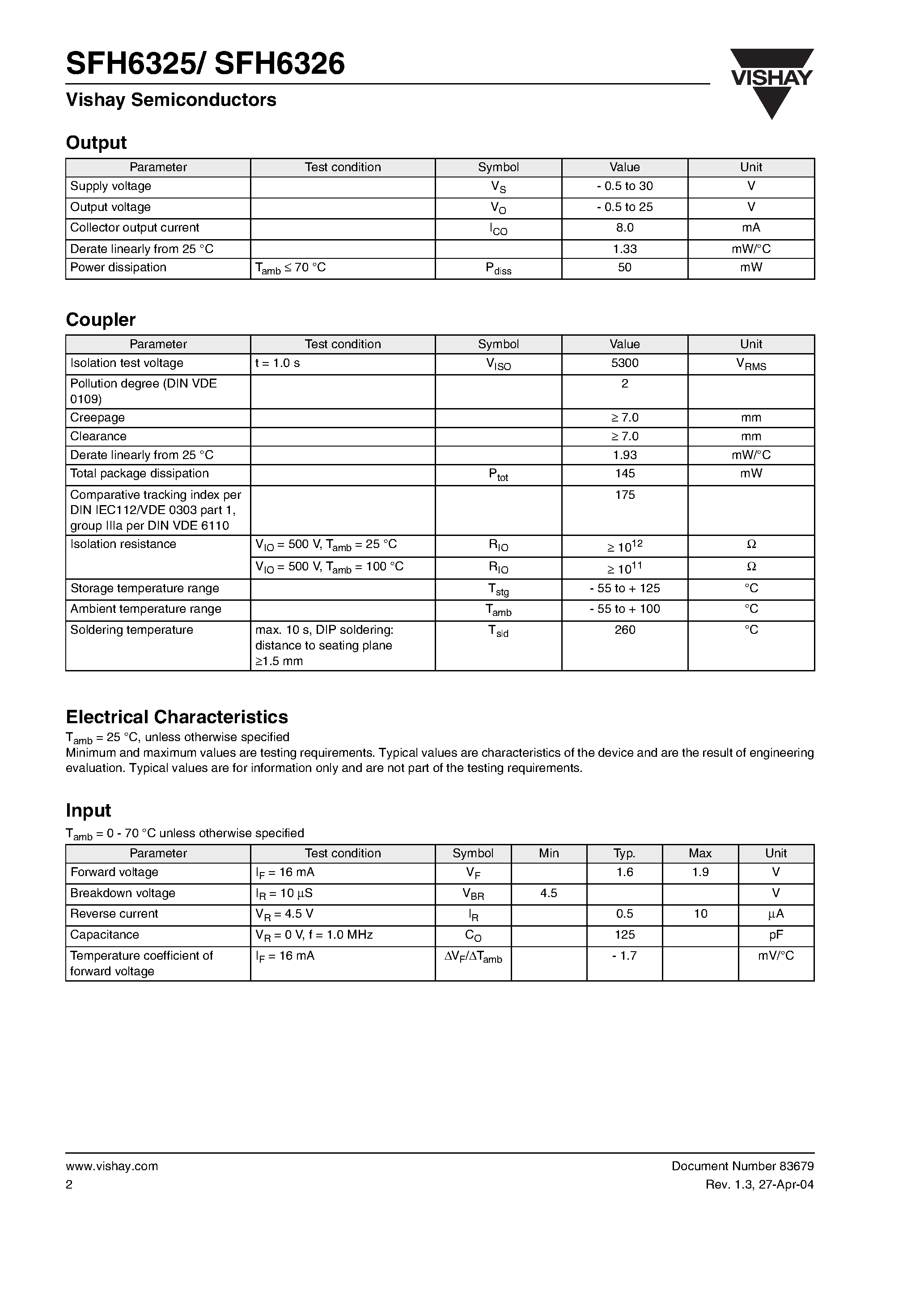 Datasheet SFH6325-X009 page 2 Datasheet SFH6325-X009 - High Speed Optocoupler / Dual Channel / 1 MBd / Transistor Output page 2