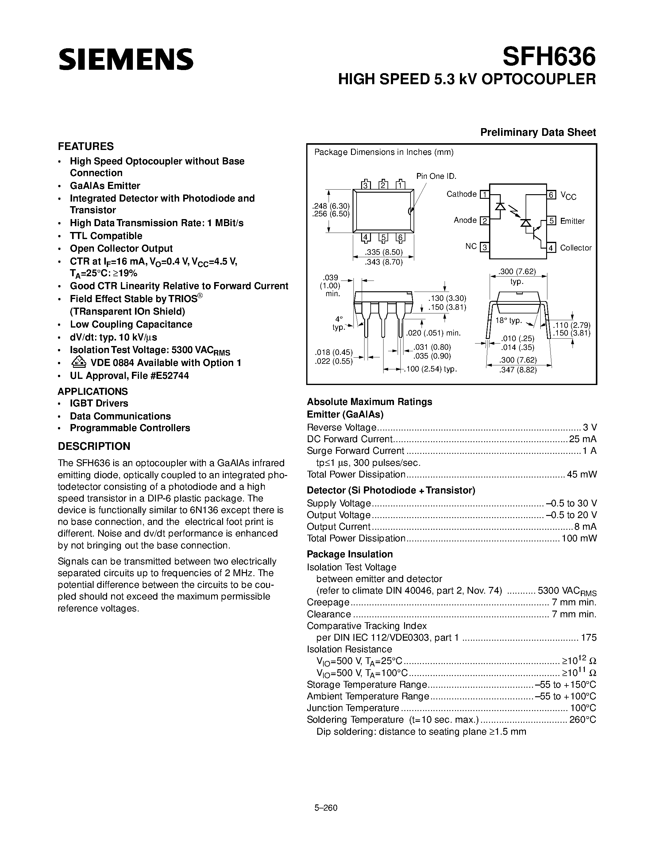 Datasheet SFH636 - HIGH SPEED 5.3 kV OPTOCOUPLER page 1