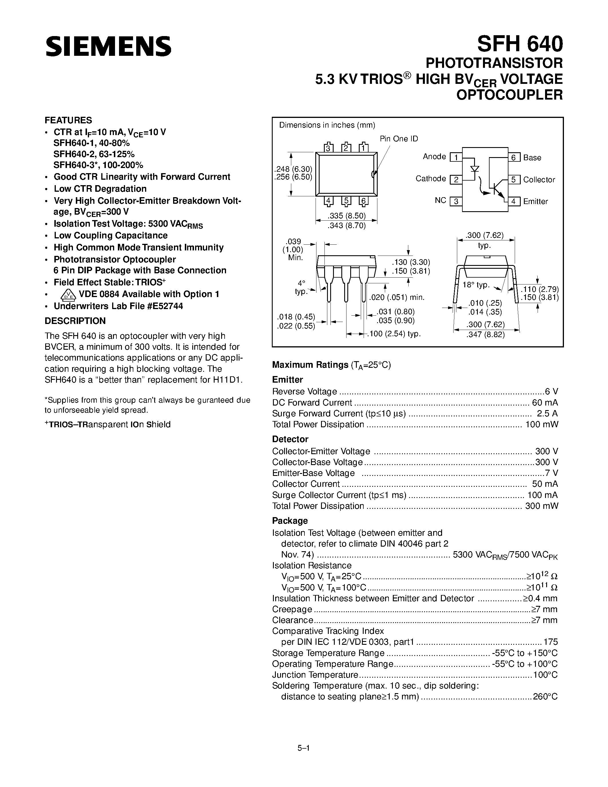 Datasheet SFH640 - PHOTOTRANSISTOR 5.3 KV TRIOS HIGH BV CER VOLTAGE OPTOCOUPLER page 1