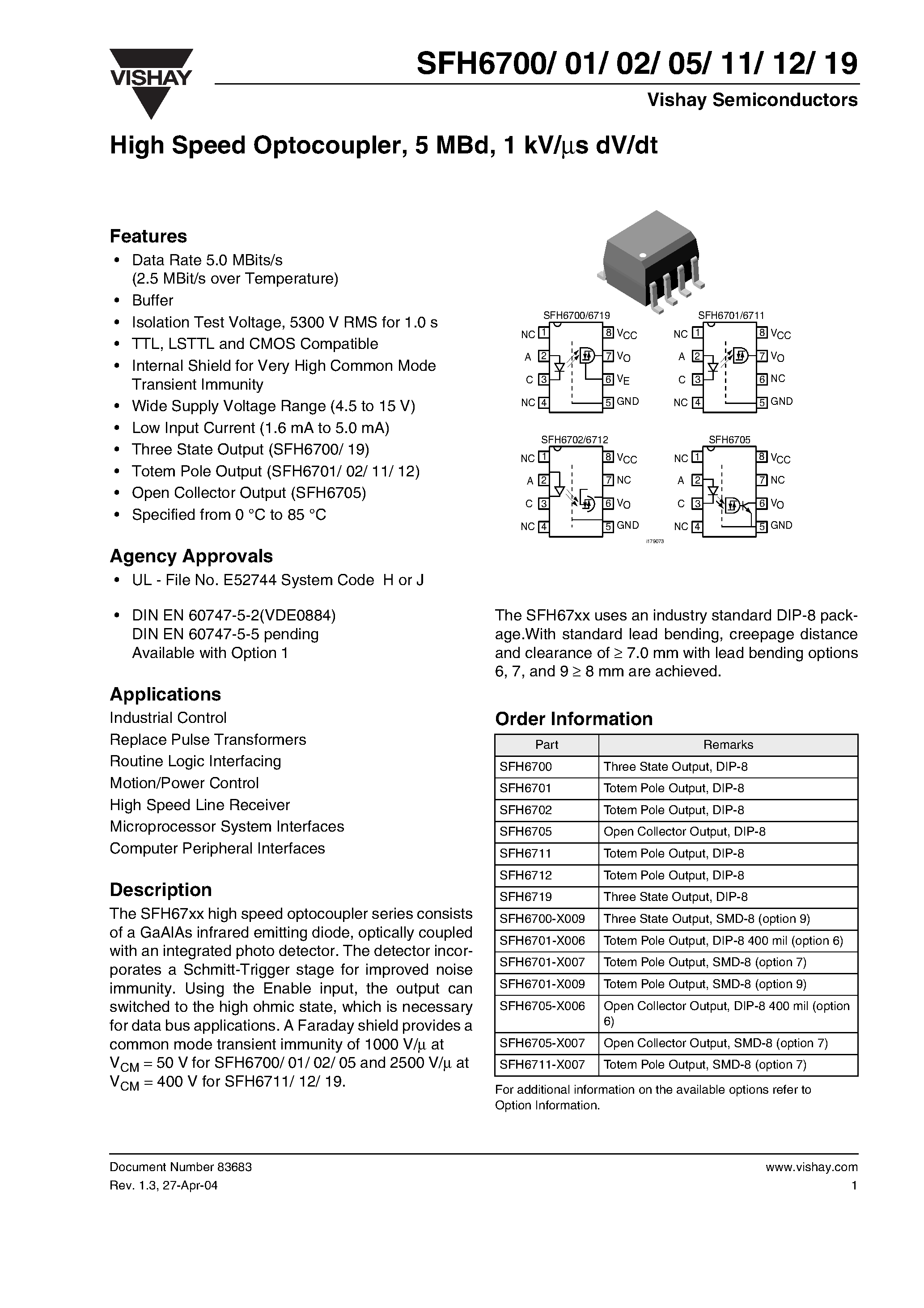 Datasheet SFH6701-X009 - High Speed Optocoupler / 5 MBd / 1 kV/us dV/dt page 1