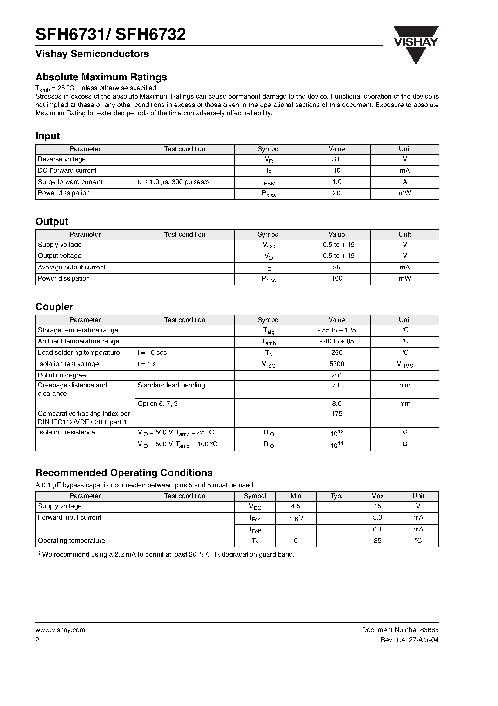 Datasheet SFH6731 - High Speed Optocoupler / Dual / 5 MBd page 2