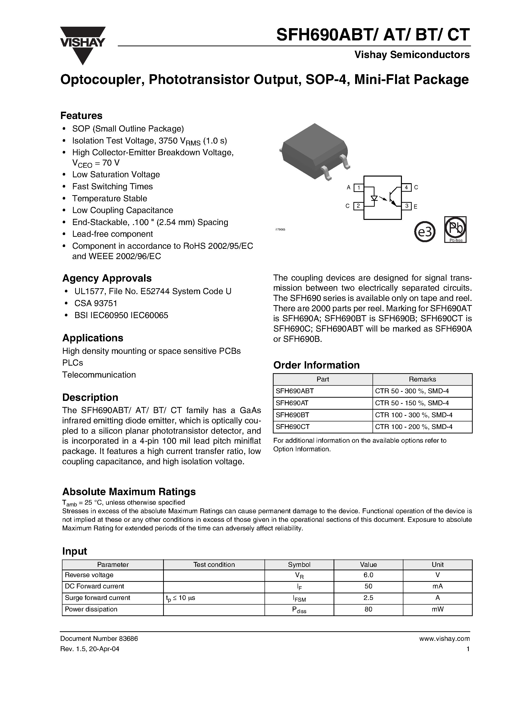 Datasheet SFH690ABT - Optocoupler / Phototransistor Output / SOP-4 / Mini-Flat Package page 1