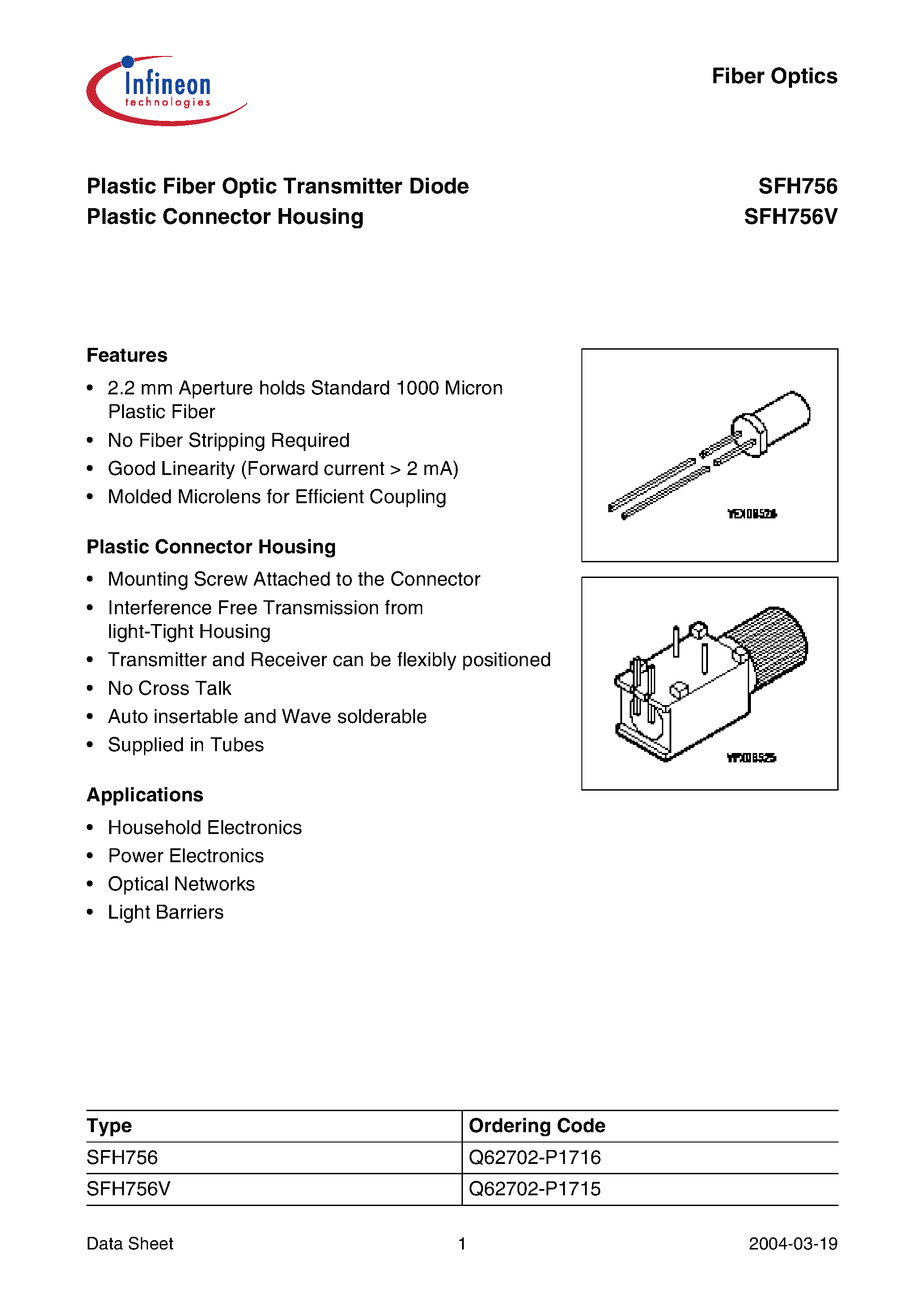 Даташит на микросхему SFH756V страница 1 Даташит SFH756V - Plastic Fiber Optic Transmitter Diode Plastic Connector Housing страница 1