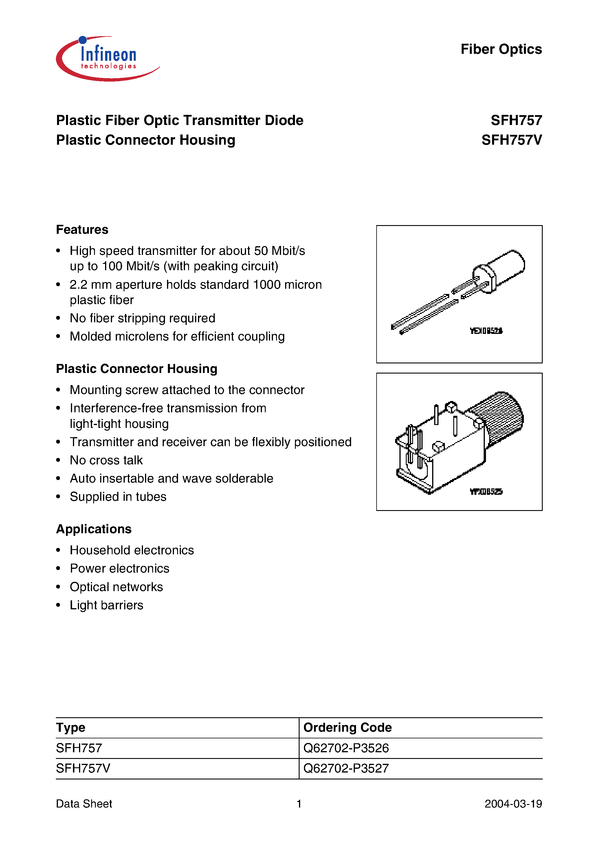 Даташит на микросхему SFH757V страница 1 Даташит SFH757V - Plastic Fiber Optic Transmitter Diode Plastic Connector Housing страница 1