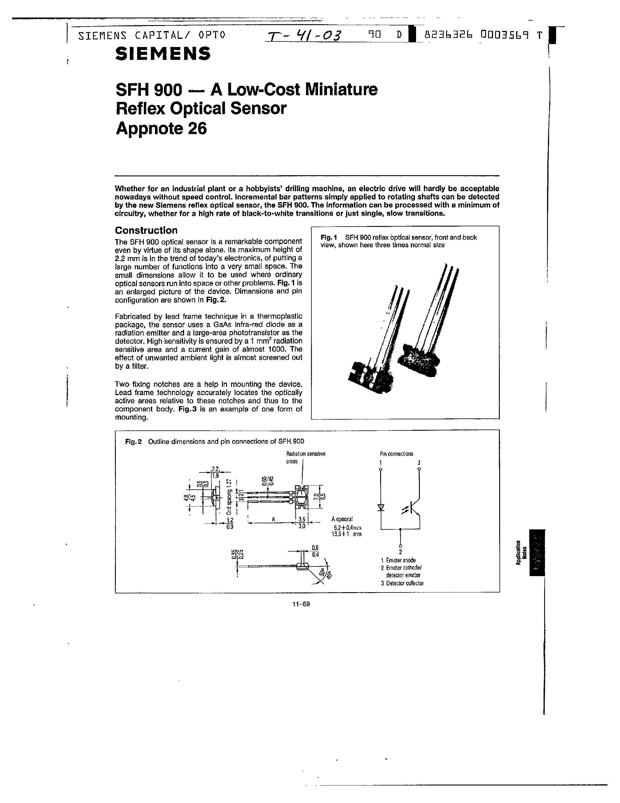 Datasheet SFH900-1 - SFH900-A LOW-COST MINIATURE REFLEX OPTICAL SENSOR APPNOTE26 page 1