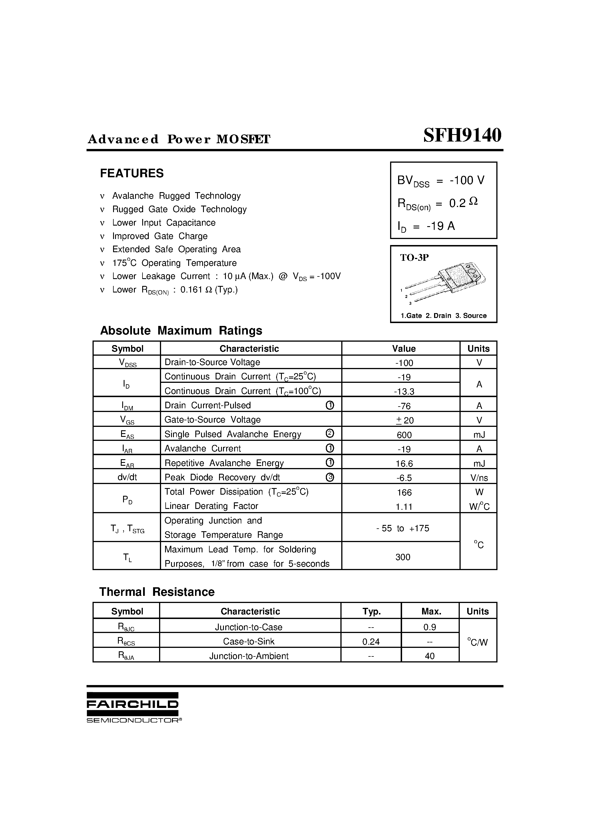 Даташит SFH9140 - Advanced Power MOSFET страница 1