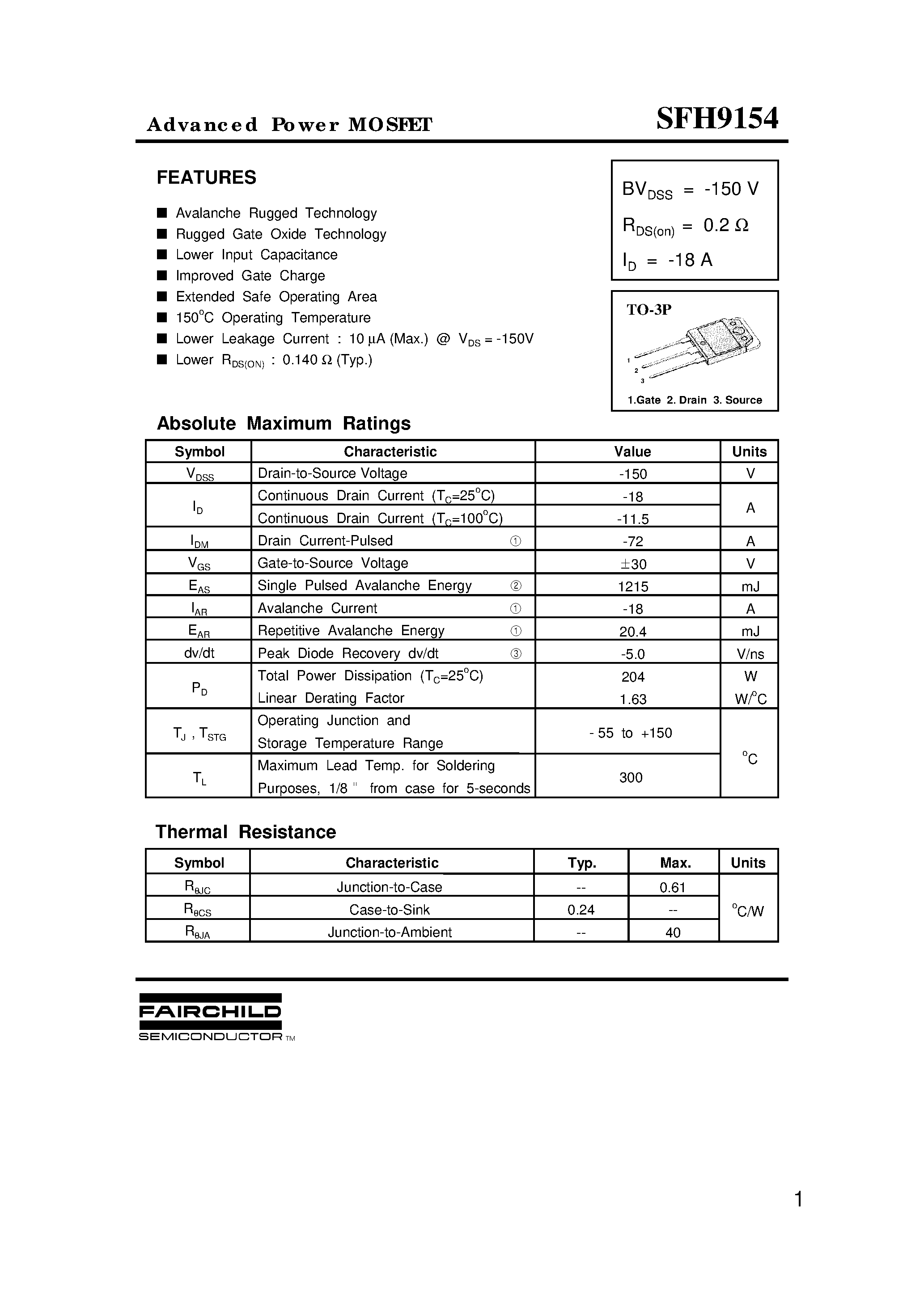 Datasheet SFH9154 - Advanced Power MOSFET page 1