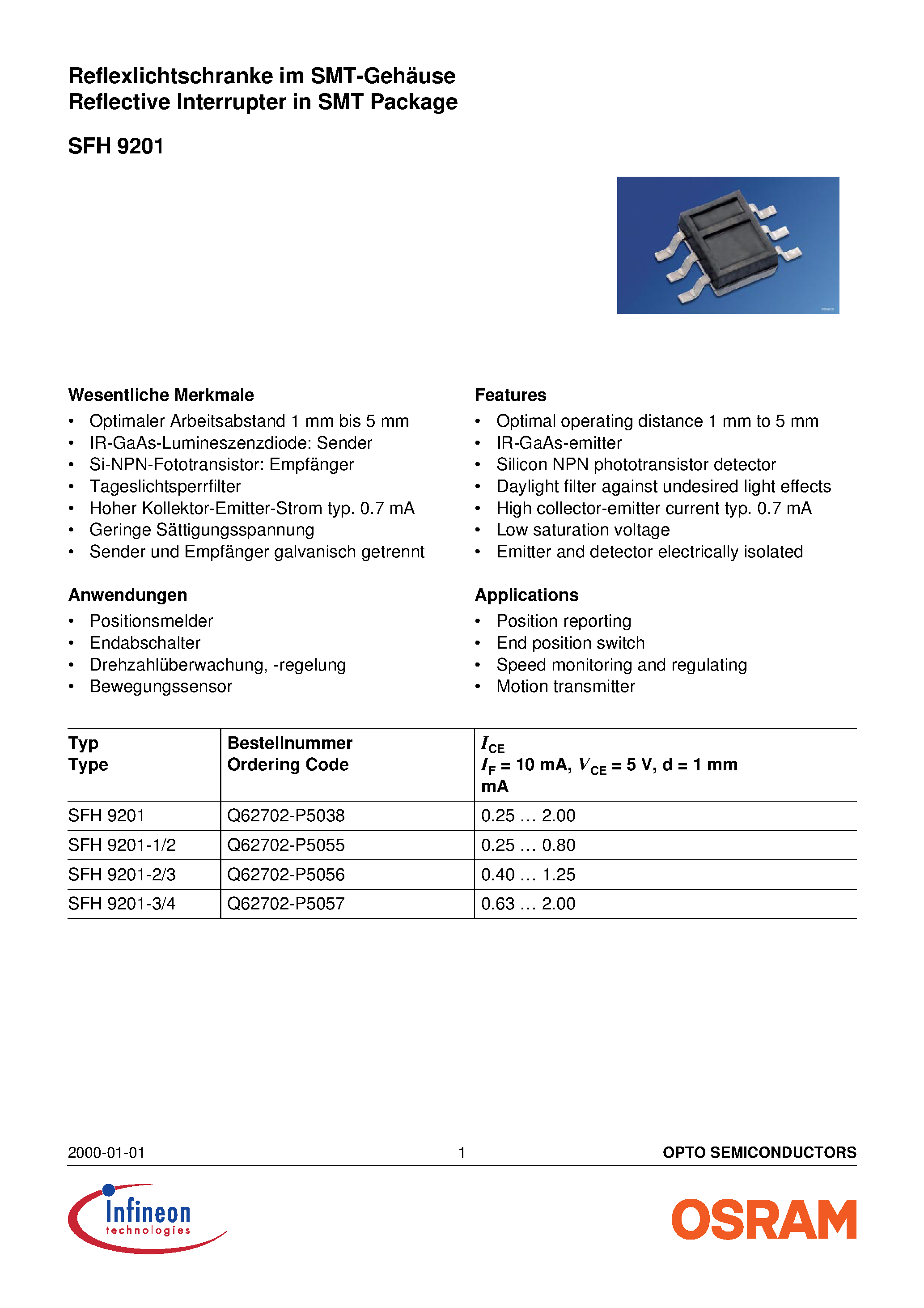 Datasheet SFH9201-3/4 - Reflective Interrupter in SMT Package page 1