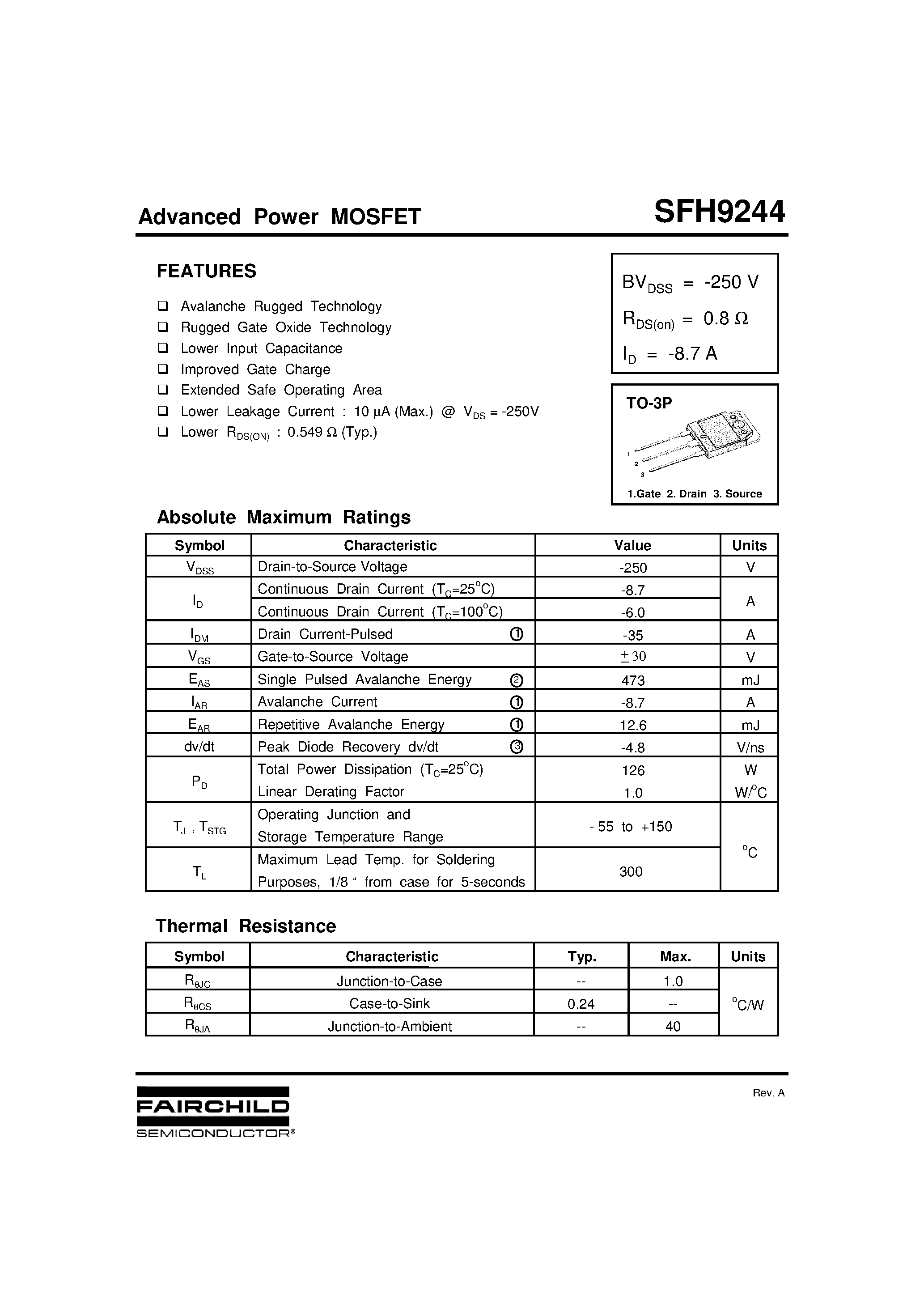 Даташит SFH9244 - Advanced Power MOSFET страница 1